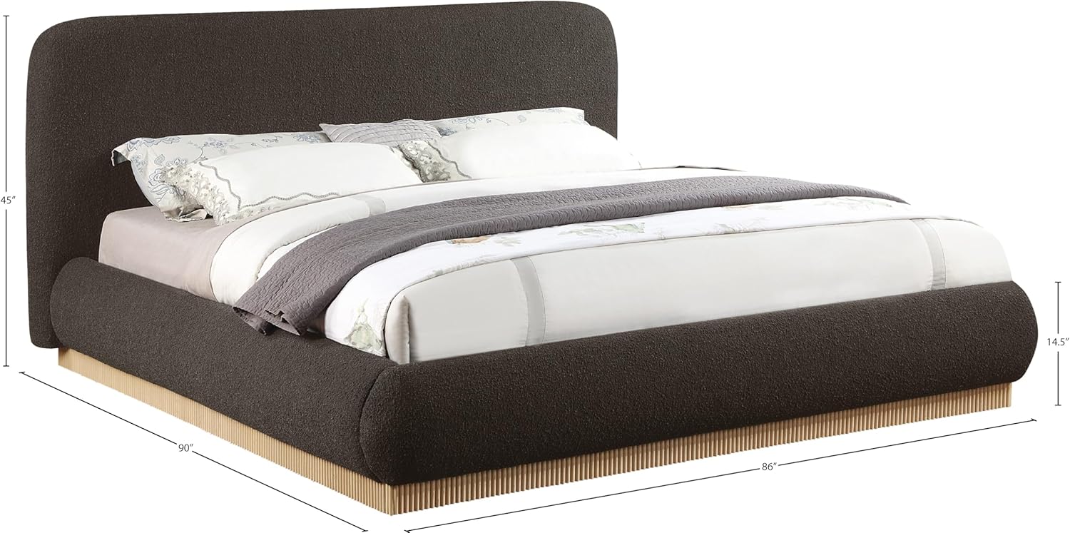 Meridian Furniture B1275Brown-K Rigby Collection Art Deco King Bed with Rich Brown Boucle Fabric, Natural Finish Fluted Base, 86" W x 90" D x 45" H, Brown, King