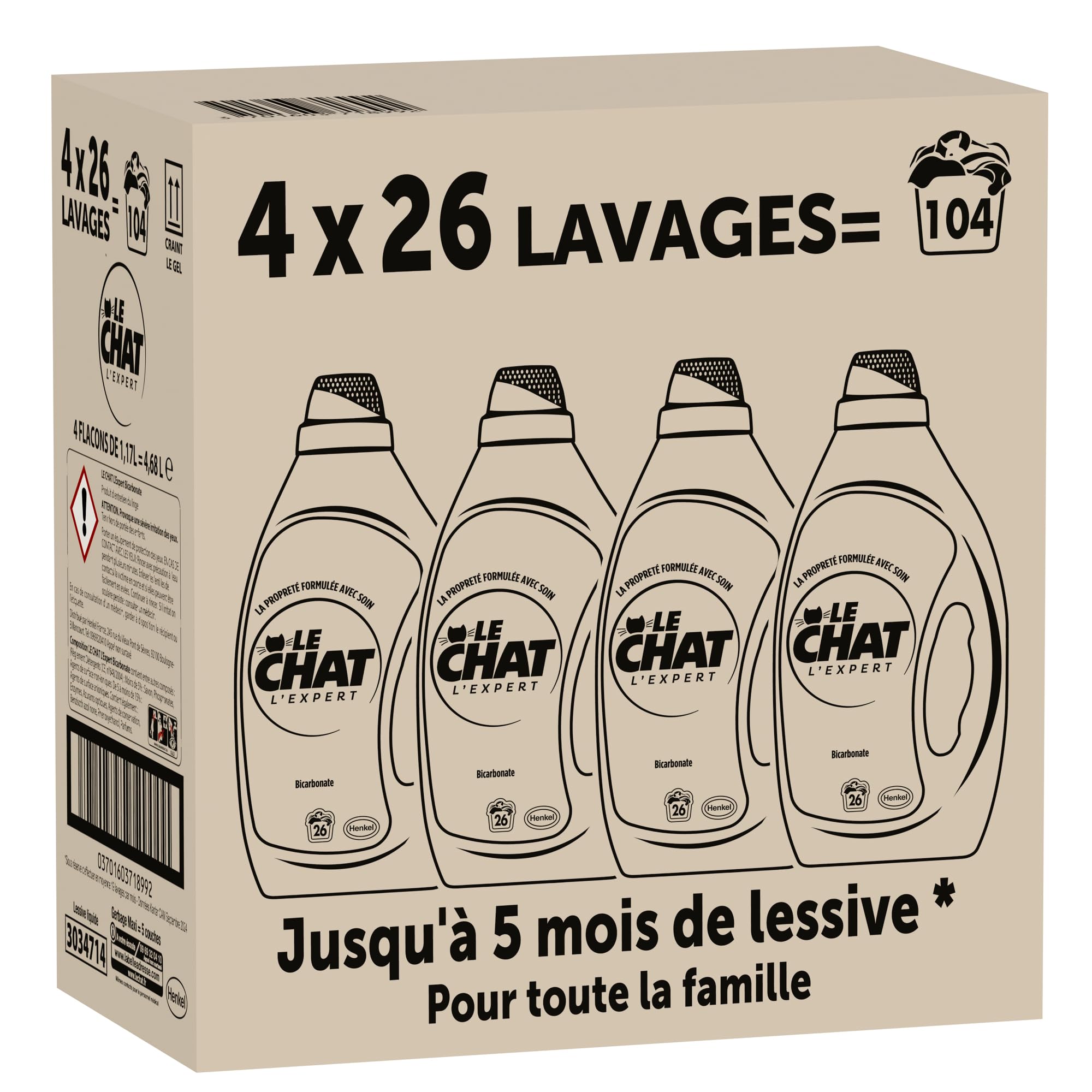 Le Chat Lessive Liquide, L'Expert Bicarbonate, Lessive pour entretien du linge, Parfum Hypoallergenique, Efficacite anti-taches, 4x26 lavages