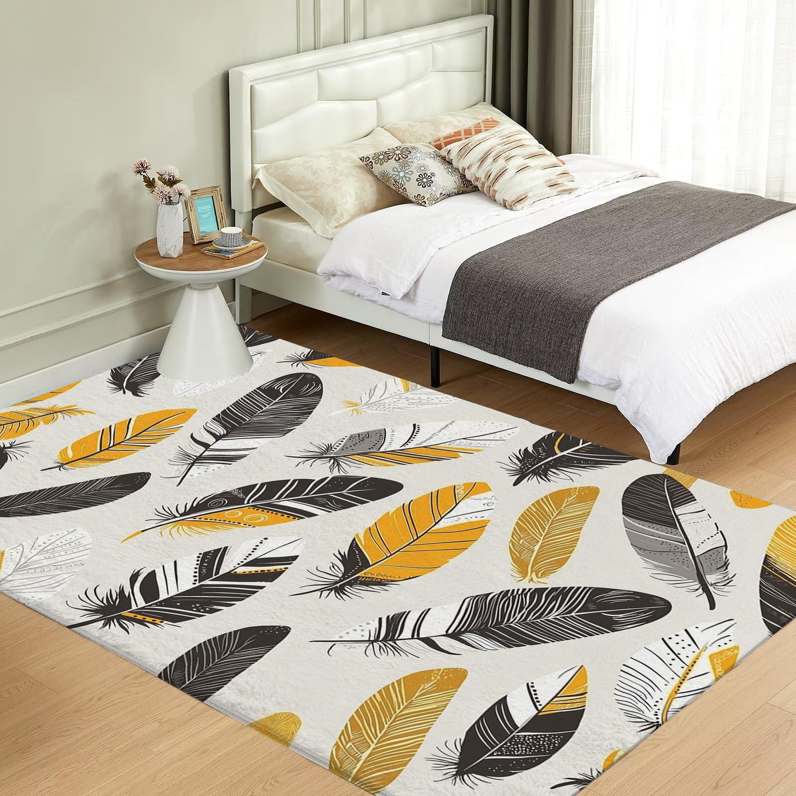 Teppich Senfgelb Feder rutschfest Waschbar Teppiche, Böhmen Abbildung Druck Raumteppich für Schlafzimmer Kinderzimmer Esszimmer Kurzflor Elfenbein Wohnzimmer 80x150cm Schlafzimmerteppich