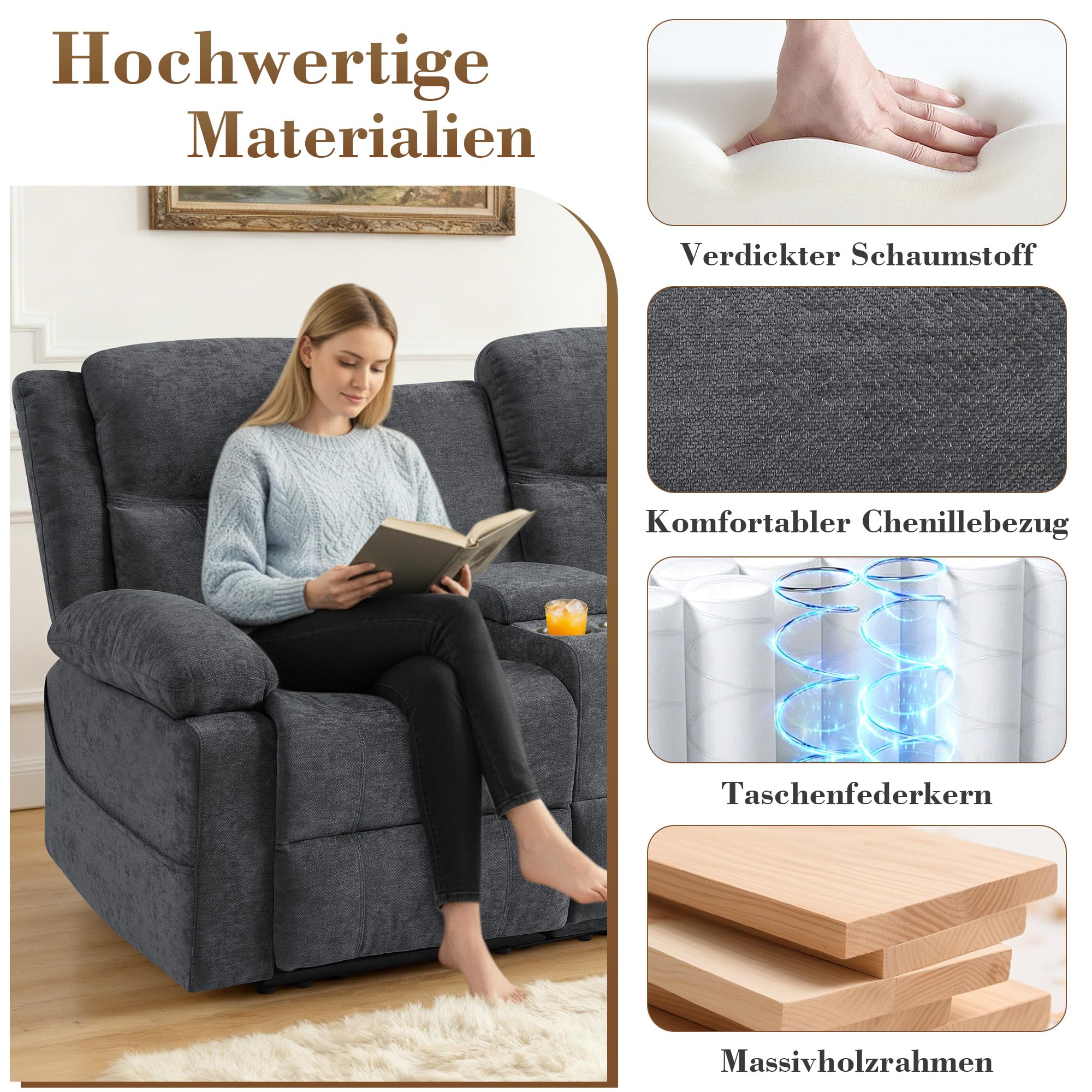 2er Kinosessel Relaxsessel mit Liegefunktion, 2 Sitzer Fernsehsessel TV Sessel mit Konsole, Steckdose und Schublade, zweisitzer Sofa mit Chenille-Optik für Wohnzimmer (Grau, 175 cm Zweisitzer)