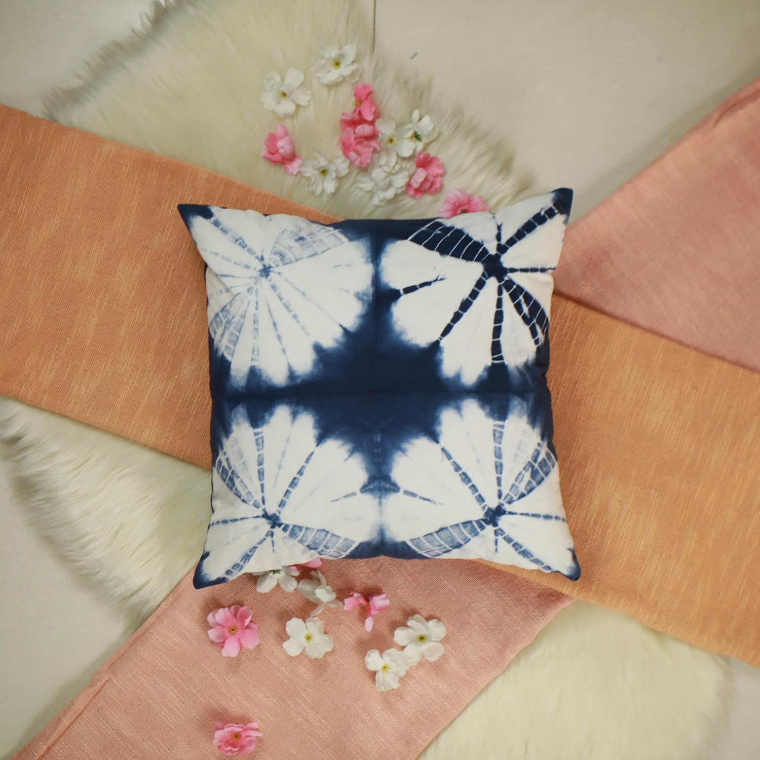 Trade Star Indigo 100% Cotton Throw Pillow Cover Blue Pillows Cover Shibori Dyed - 16" x 16" Linen Tie Dyed Pillow Natural Hand Dyed Plant Dyes - Sofa Bedding