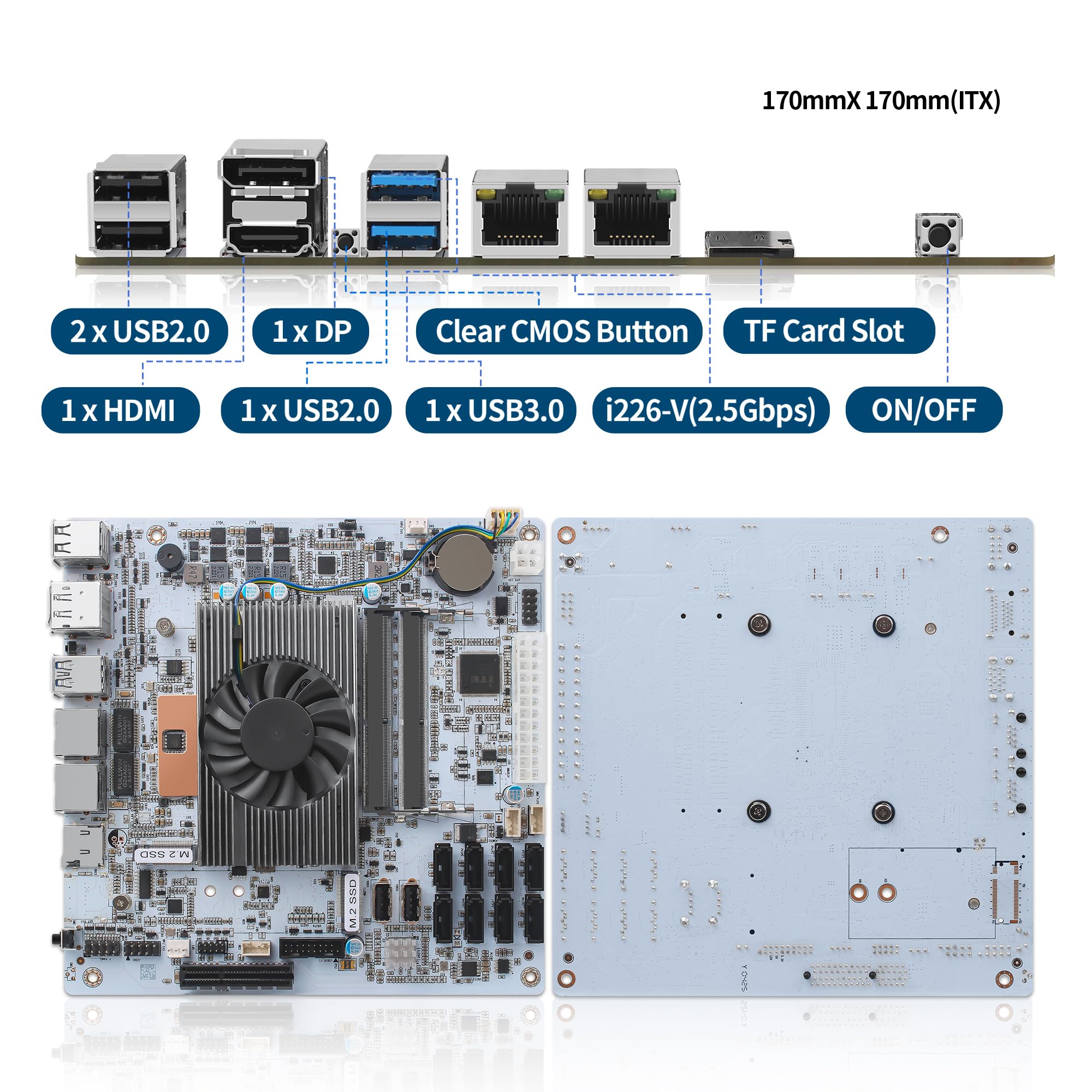 NAS Motherboard 8 Bay, Core i5 8265UES, 2 x i226-V 2.5GbE LAN, Mini ITX Mainboard, 8× SATA3.0, DDR4 PC motherboards, 2X M.2 NVMe(3.0 x2), TF, PCIE x4 (with I/O Shield)