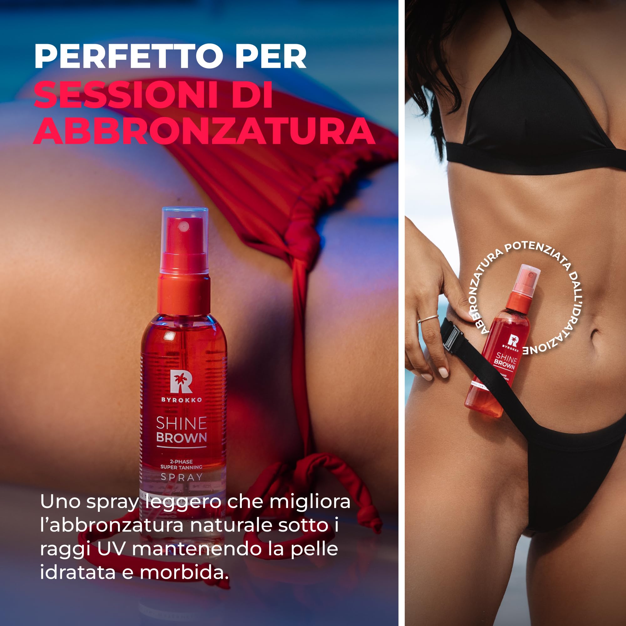 BYROKKO Shine Brown Spray Abbronzante Bifasico Anguria (100 ml), acceleratore con oli naturali e acido ialuronico, per sole e lettino, formula idratante a rapido assorbimento