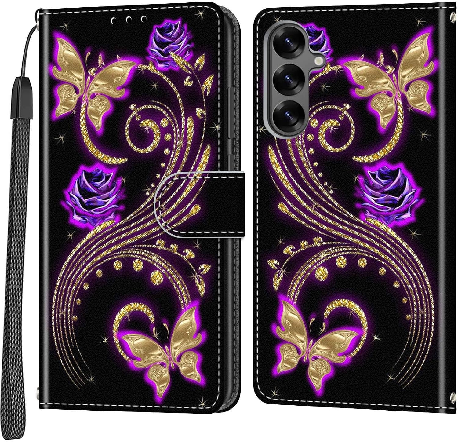 Mobile Phone Case for Samsung Galaxy S25 Plus Case Magnetic Flip Shockproof Protective Case with Stand Function Card Slots Flip Case Mobile Phone Case Golden Butterfly