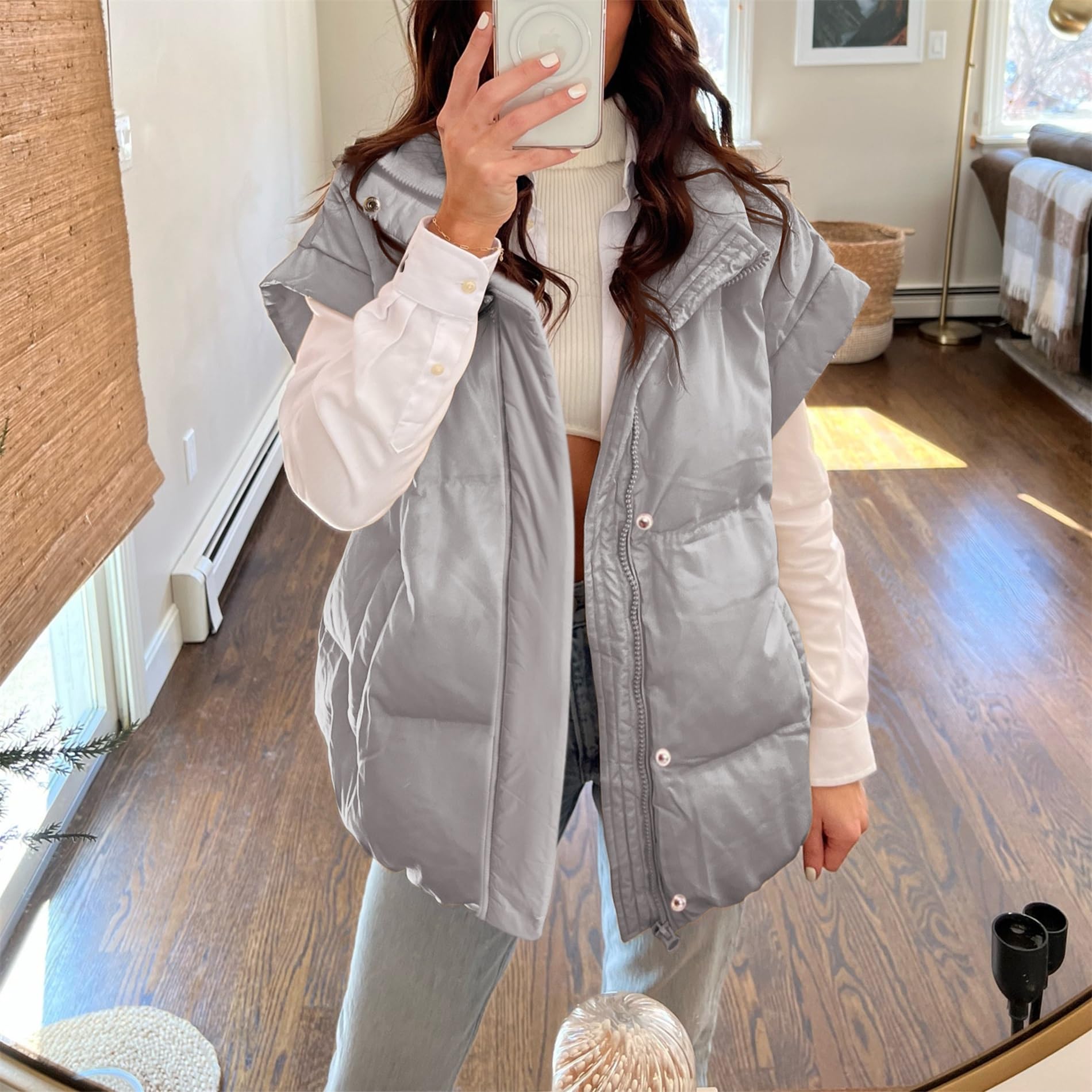 Songling Womens Oversized Puffer Vest Stand Collar Full Zip Sleeveless Bubble Puffer Vest Quilted Padded Warm Coat Outwear: Small Grey
