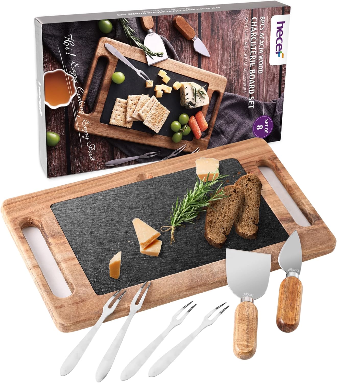 hecef Acacia Wood Cheese Board Gift Set of 8, Cheese Board with Nature