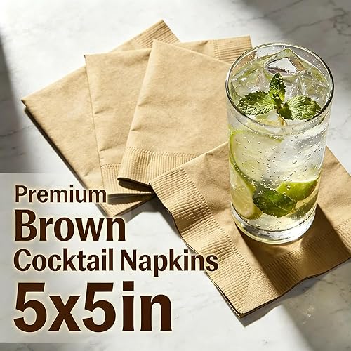 Miniatura 4 de 200 servilletas de cóctel, servilletas desechables de postre de 2 capas, servilletas de papel marrón plegadas de 5 x 5 pulgadas para fiestas, bodas,
