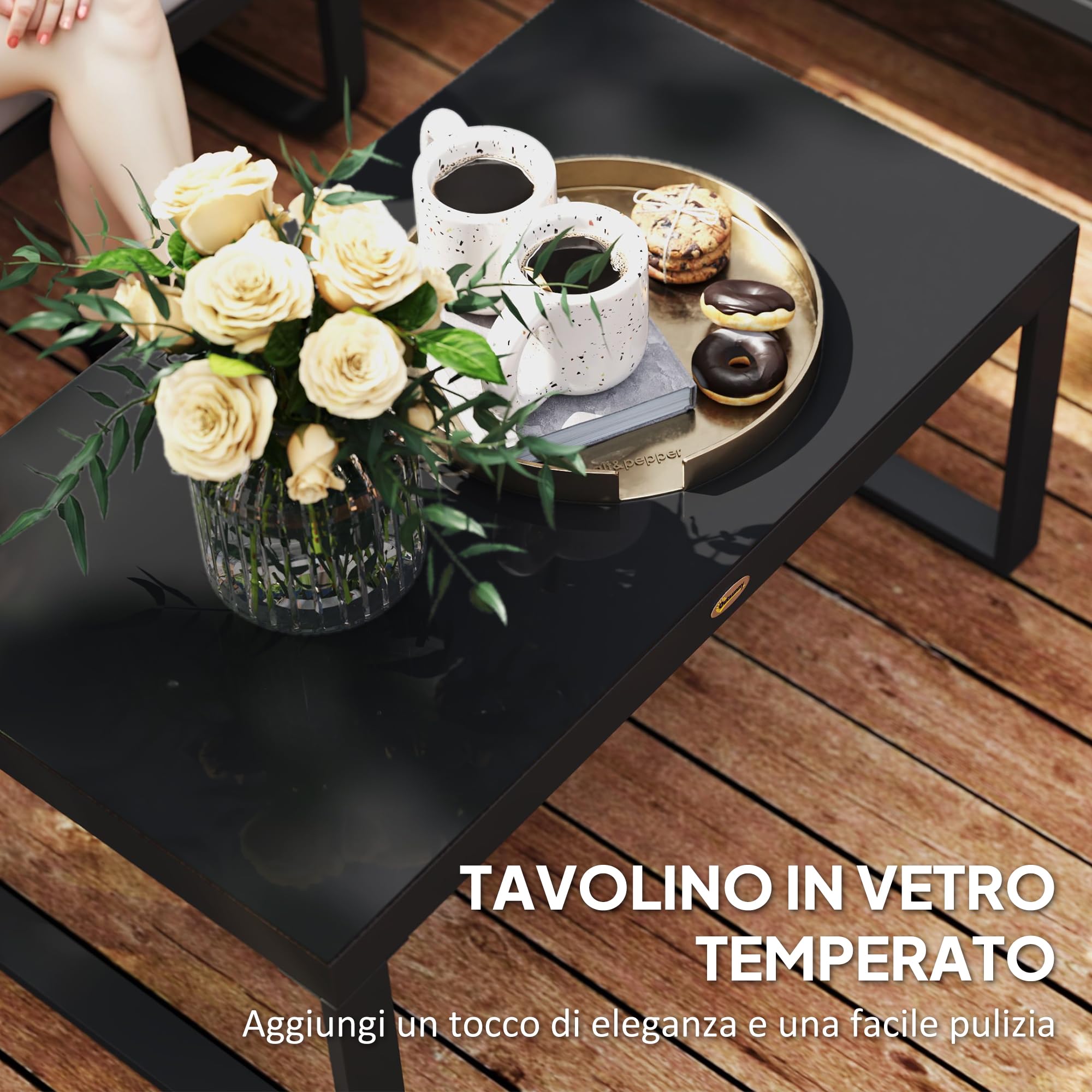 Outsunny Set Salotto da Giardino da 3 Pezzi, con Divanetto da Esterno a 3 Posti Regolabile in 5 Posizioni, Divano 2 Posti, Tavolo da Caffè in Vetro e Cuscini, Set di Mobili in Metallo, Grigio/Nero