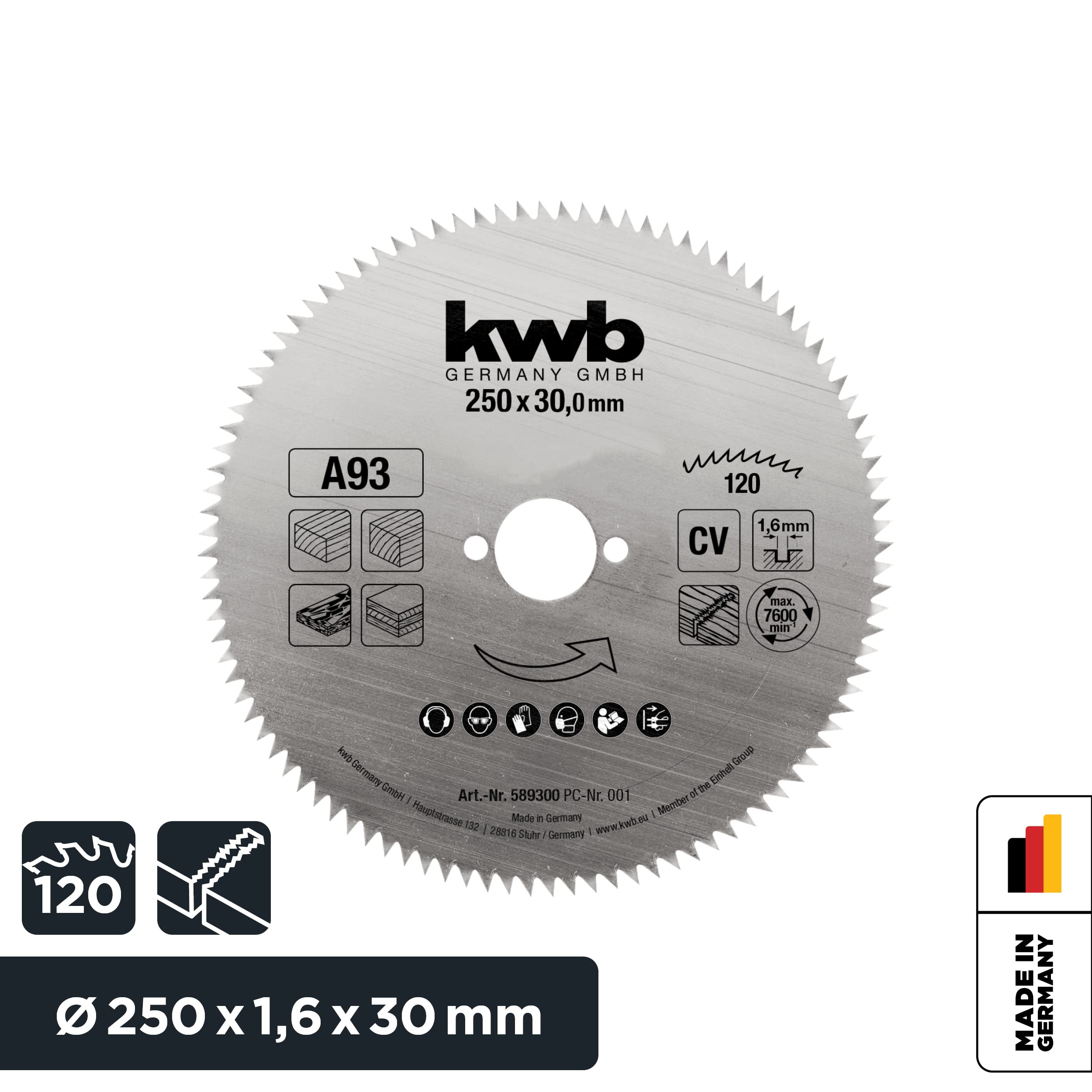 kwb Lama per sega circolare 250 x 30 mm, Made in Germany, taglio preciso fine, lama adatta per pannelli in legno, legno profilato e legno morbido