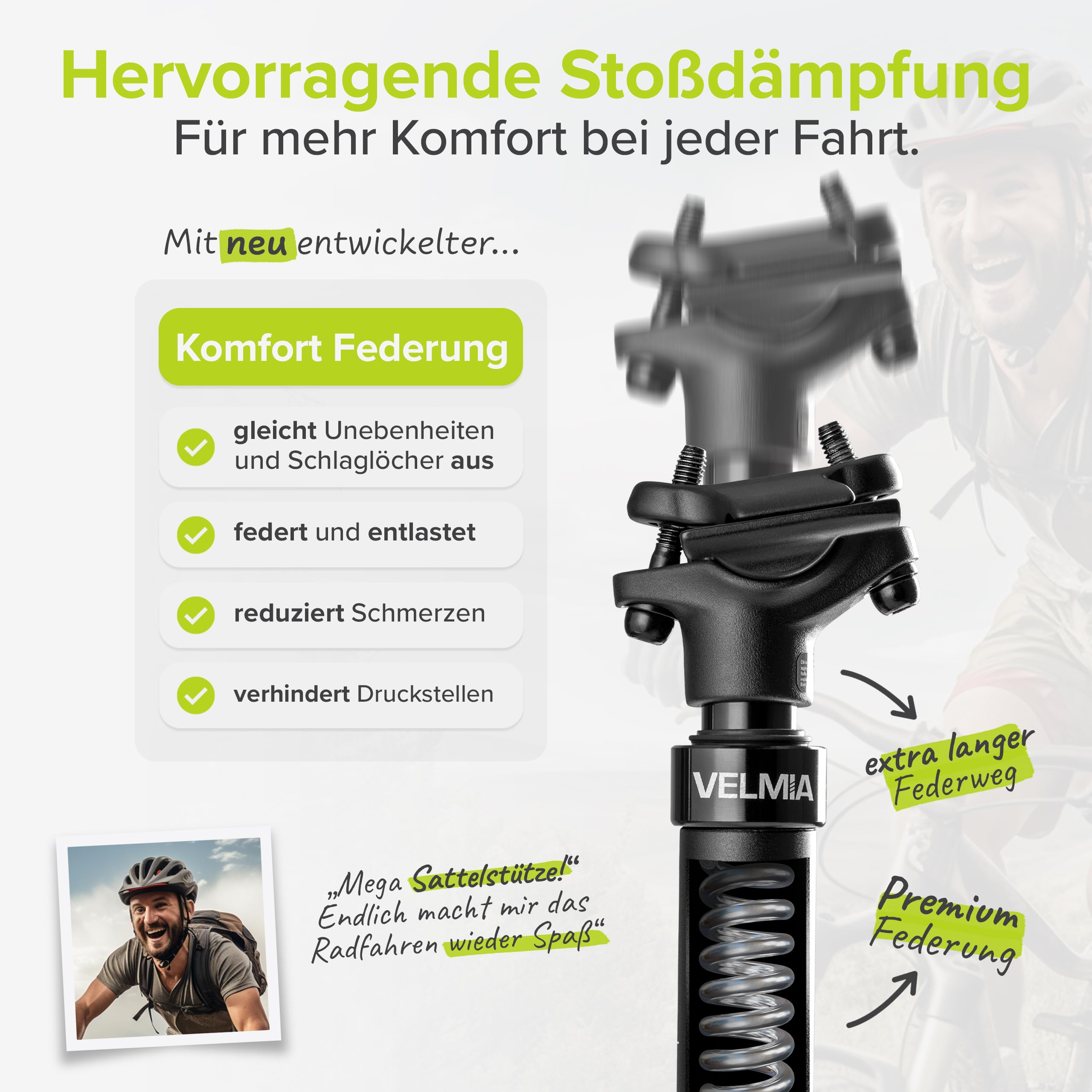 Tija de sillín con suspensión VELMIA 27,2-31,6mm - Aluminio - Negro - Para todo tipo de bicicletas - Alivio para la columna vertebral, montaje fácil