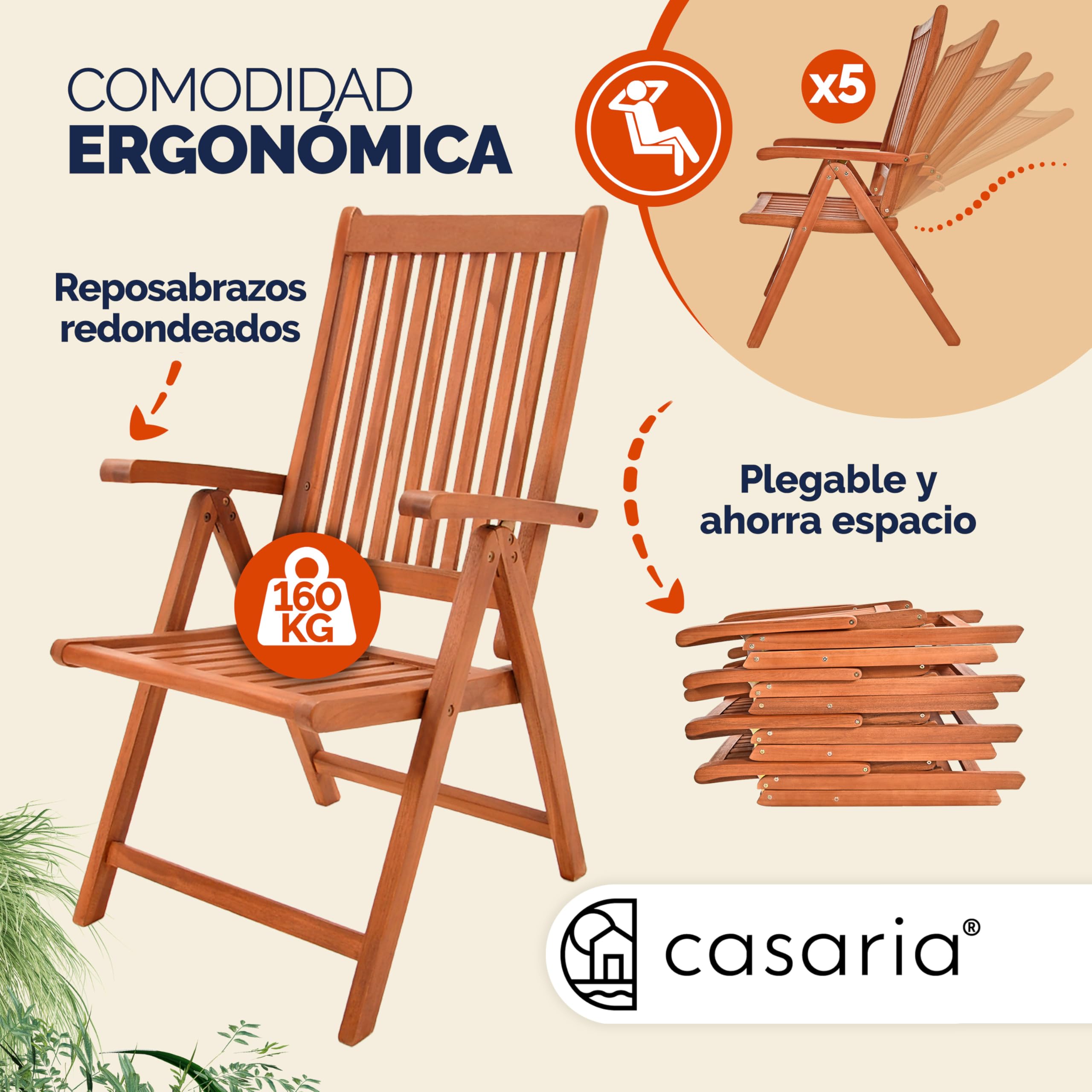 CASARIA® Conjunto de Jardín Exterior Mesa 6 Sillas Juego Comedor Patio Terraza Madera Eucalipto FSC® Asientos Ajustables 5 Posiciones Apilables Tablero Ampliable Apto Sombrilla Resistente Intemperie