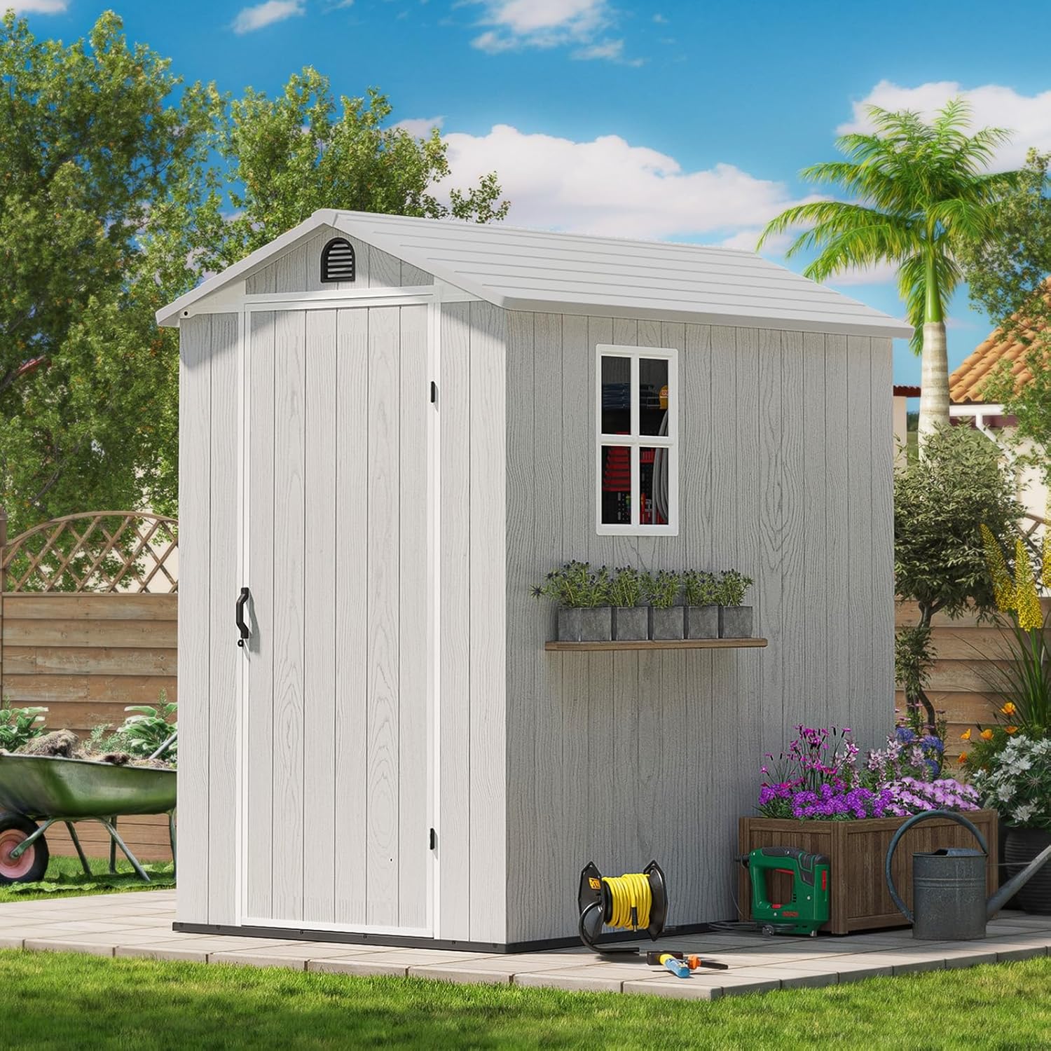 Patiowell 5 x 3 FT Plastic Outdoor Storage Shed, Resin Waterproof Cabinet with Stable Roof and Lockable Doors for Patio Furniture, Pool Accessories and Tools, Dark Grey Patiowell 5 x 3 FT Plastic Outdoor Storage Shed, Resin Waterproof Cabinet with Stable Roof and Lockable Doors for Patio Furniture, Pool Accessories and Tools, Dark Grey
