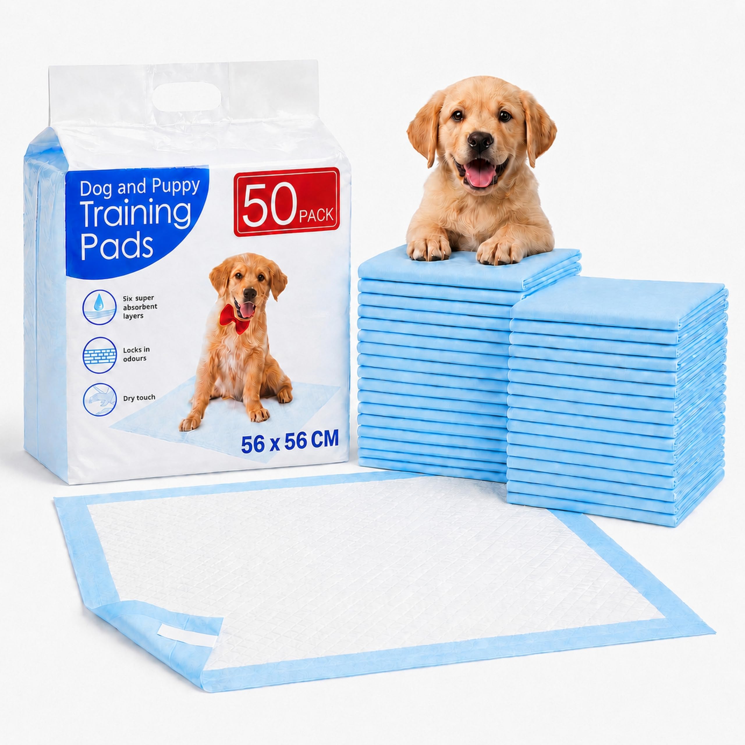 Puppy Training Pads 100/50 Pack - Disposable Puppy Pads for Dogs - 6 Layer Super Absorbent Waterproof Dog Pee Pads - Leak Proof Disposable Incontinence Pads Pet Training (Pack of 50 - 56x56 CM)