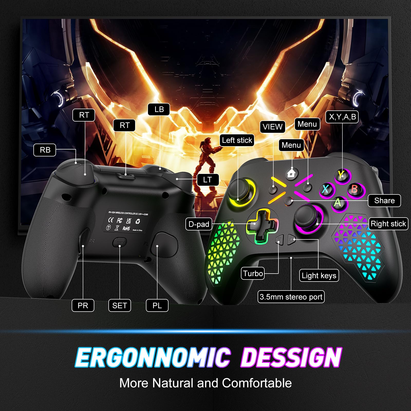GGiking RGB Wireless Controller für Xbox Series X|S, Xbox One, PC, mit Makro, Turbo, 2.4GHz Adapter, 1000mAh Akku, Dual-Vibration, 6-Achsen-Sensor, 3,5mm Audioanschluss