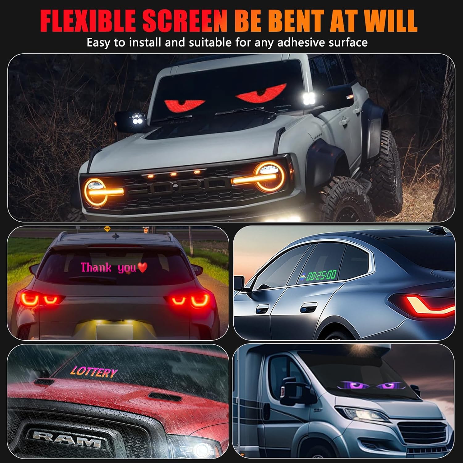 Devil Eyes Light for Cars, DIY LED Eyes for Windshield Flex Programmable Light Display Screen APP Control Waterproof Dynamic LED Sign for Car Suitable for Cars Trucks RVs Decor (2 PCS 4.7 × 23.6 in)