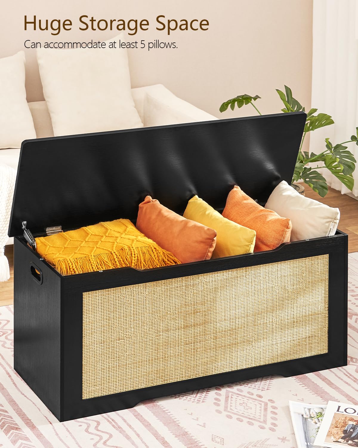 usikey 39.4” Storage Chest with Rattan, Wooden Storage Bench with 2 Safety Hinges, Lift Top Storage Box with Gel Bumpers, Shoe Bench, Supports 220 lb, for Living Room, Bedroom, Entryway, Black