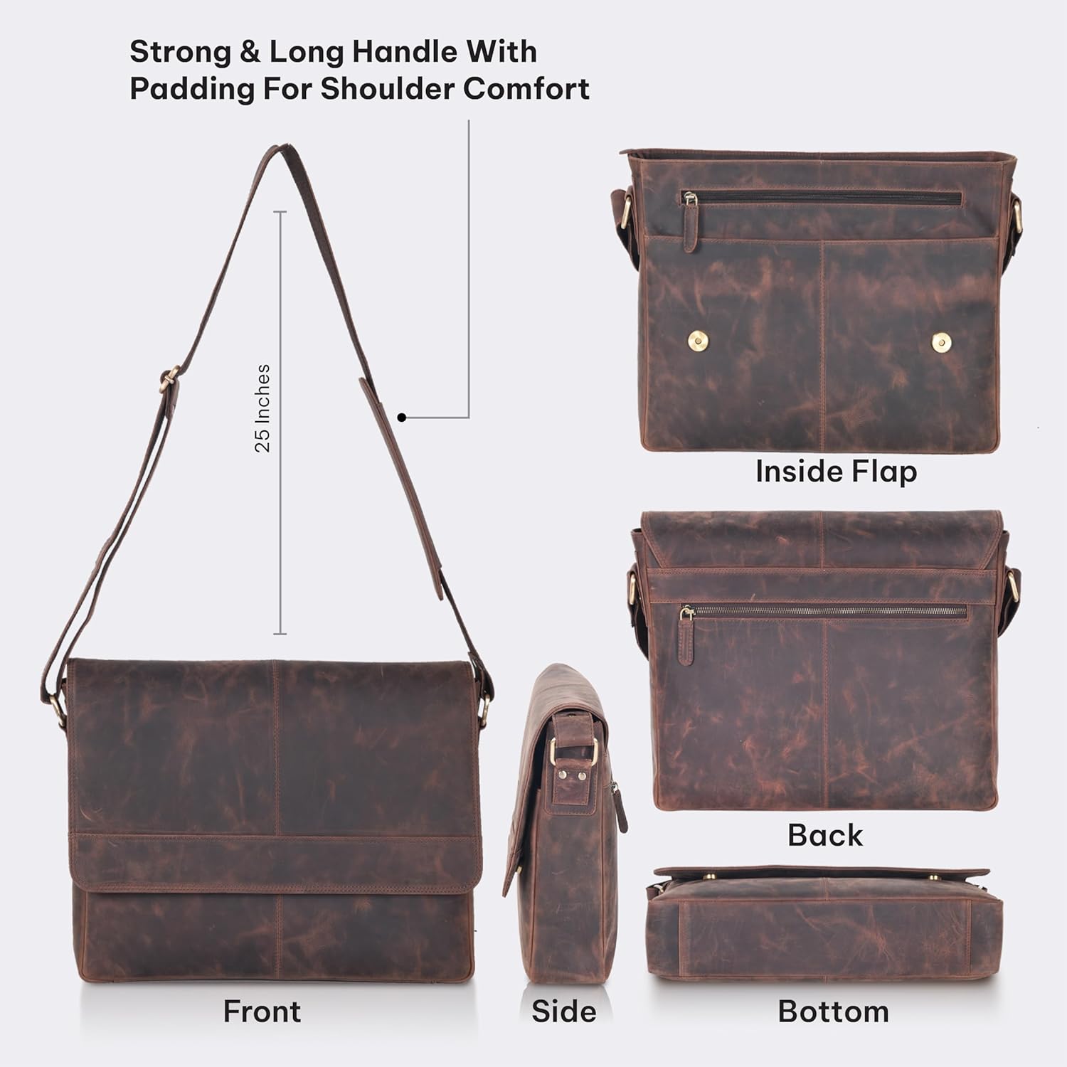 VALENCHI Real Genuine Leather 14" Laptop Messenger Bag/Briefcase For Men & Women (Brown Oily Hunter LB04) - Image 4