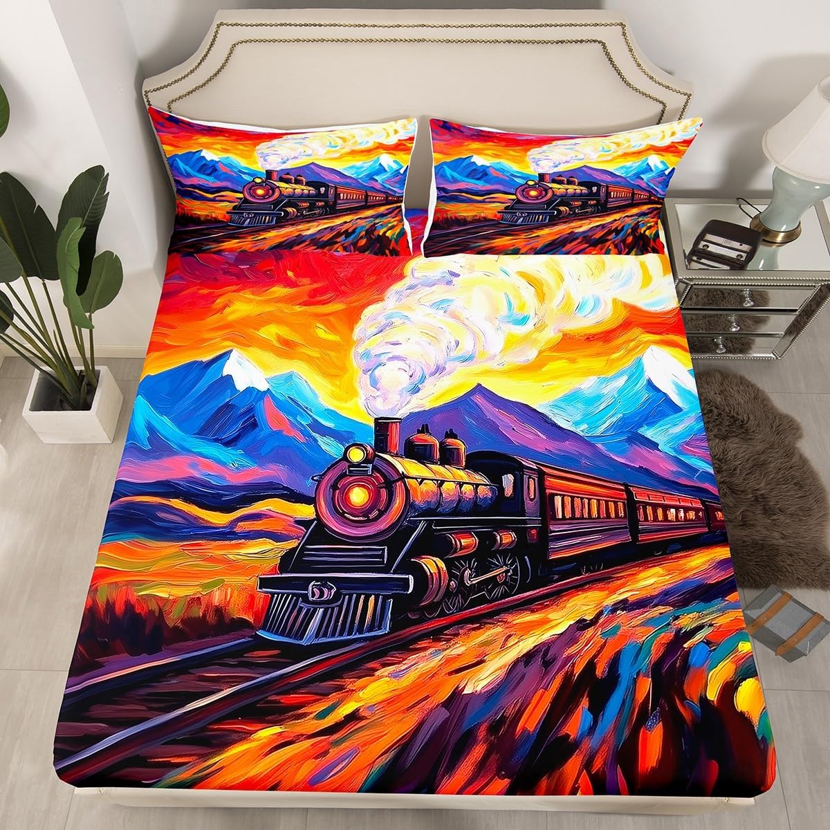 Retro Train Bed Sheets Full Size,Rail Train Vehicles Bedding Set for Kids Girls Teens Boys Room Decor,Abstract Colorful Oil Painting Art Fitted Sheet Transport Train Top Flat Sheet 4Pcs