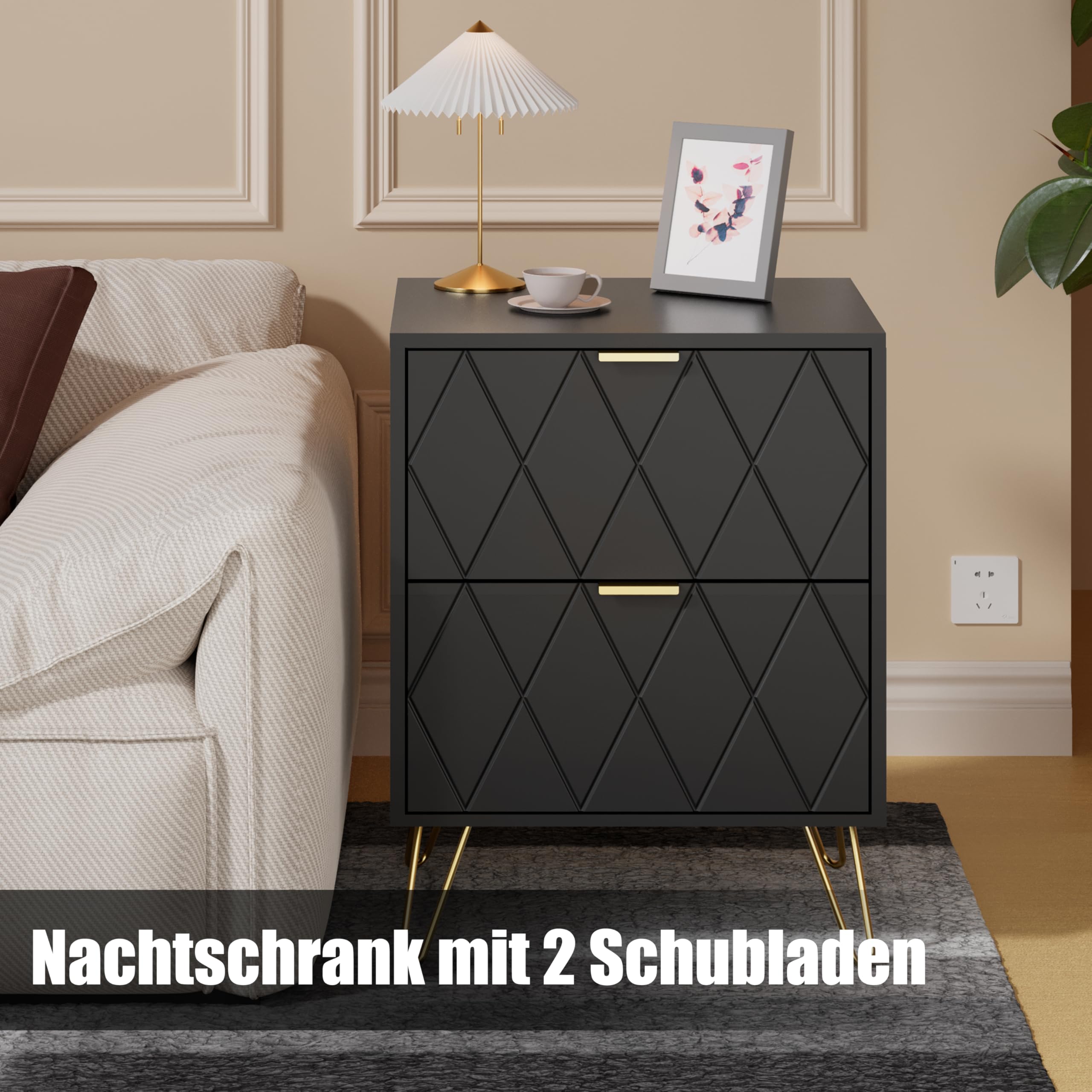 UEV Schlafzimmer Komplett-Set in schwarz, 3er-Set Schlafzimmermöbel, Kommode mit 6 Schubladen und 2er-Set Nachttisch, Goldene Griffe und Füße, Linienmuster, Skandinavisch für Wohnzimmer, Schlafzimmer