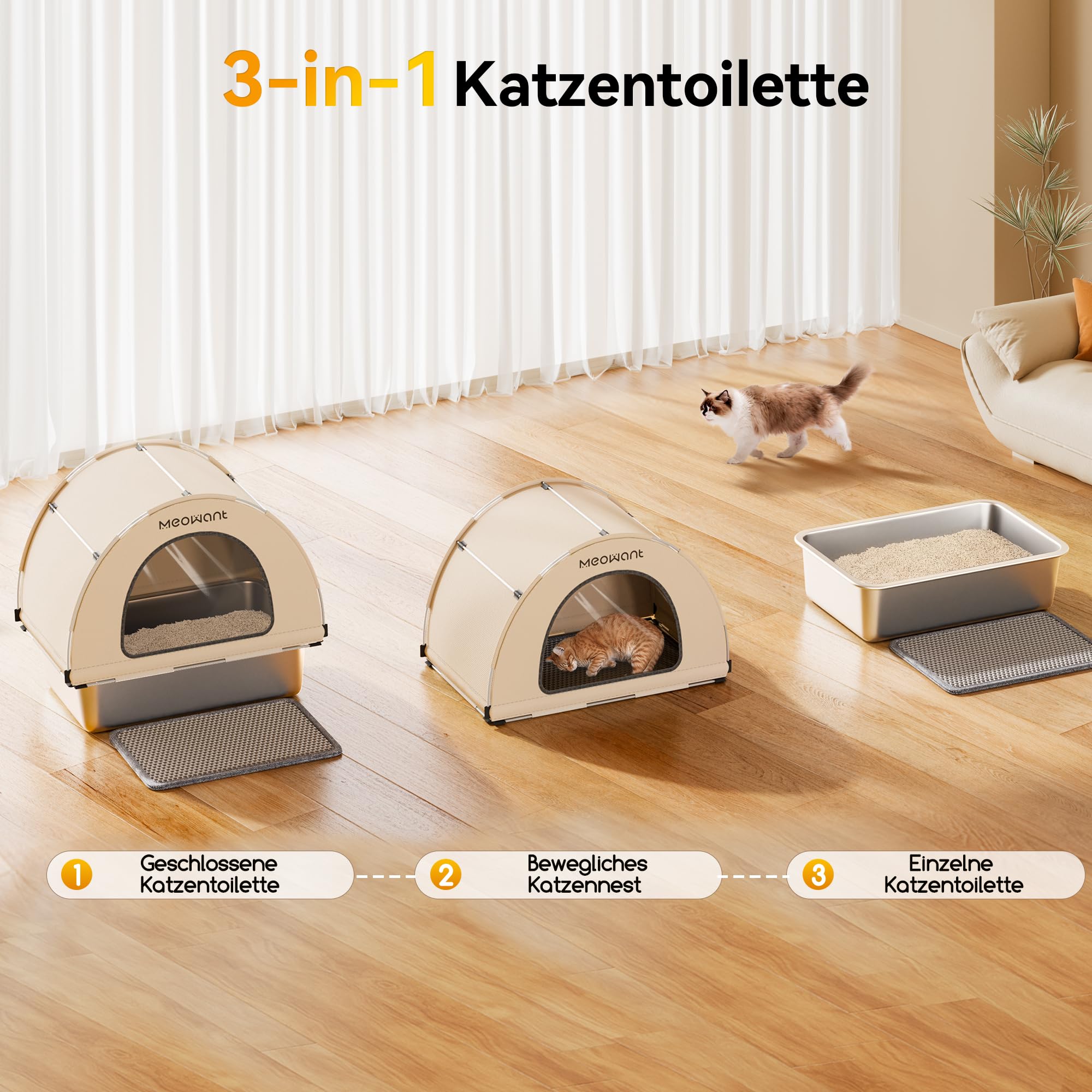 MeoWant Arenero Gato Acero Inoxidable 85L,Gato Acero Inoxidable con Tapa,Auslaufsicher,Antihaftbeschichtet,Geruchlos,con Pala y Tapete de Doble Capa, para Gatos Grandes