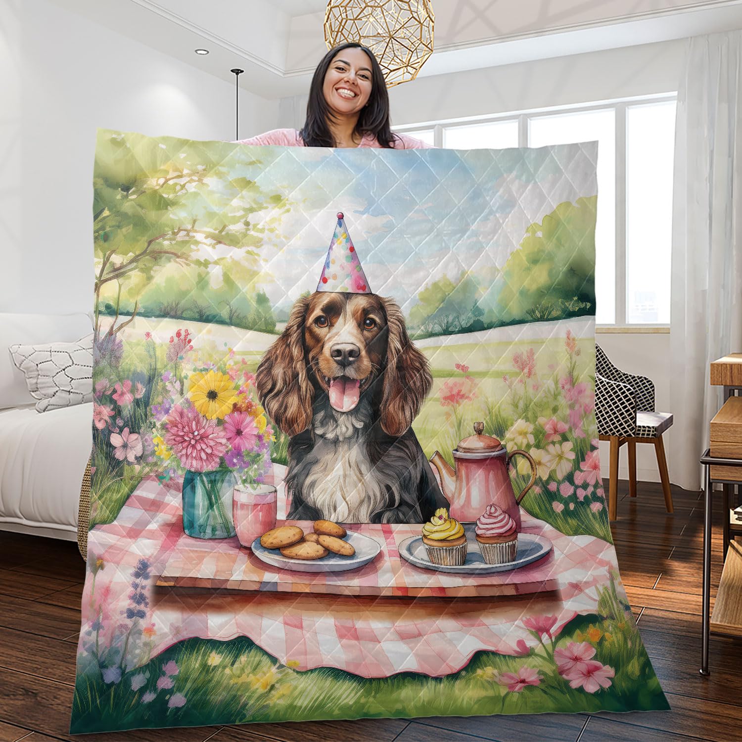 Ninety3POD Happy Mother's Day Boykin Spaniel with Sweets and Flowers at a Picnic Quilt Blanket Dog Lover Cozy Comforter Throw Blanket 13005