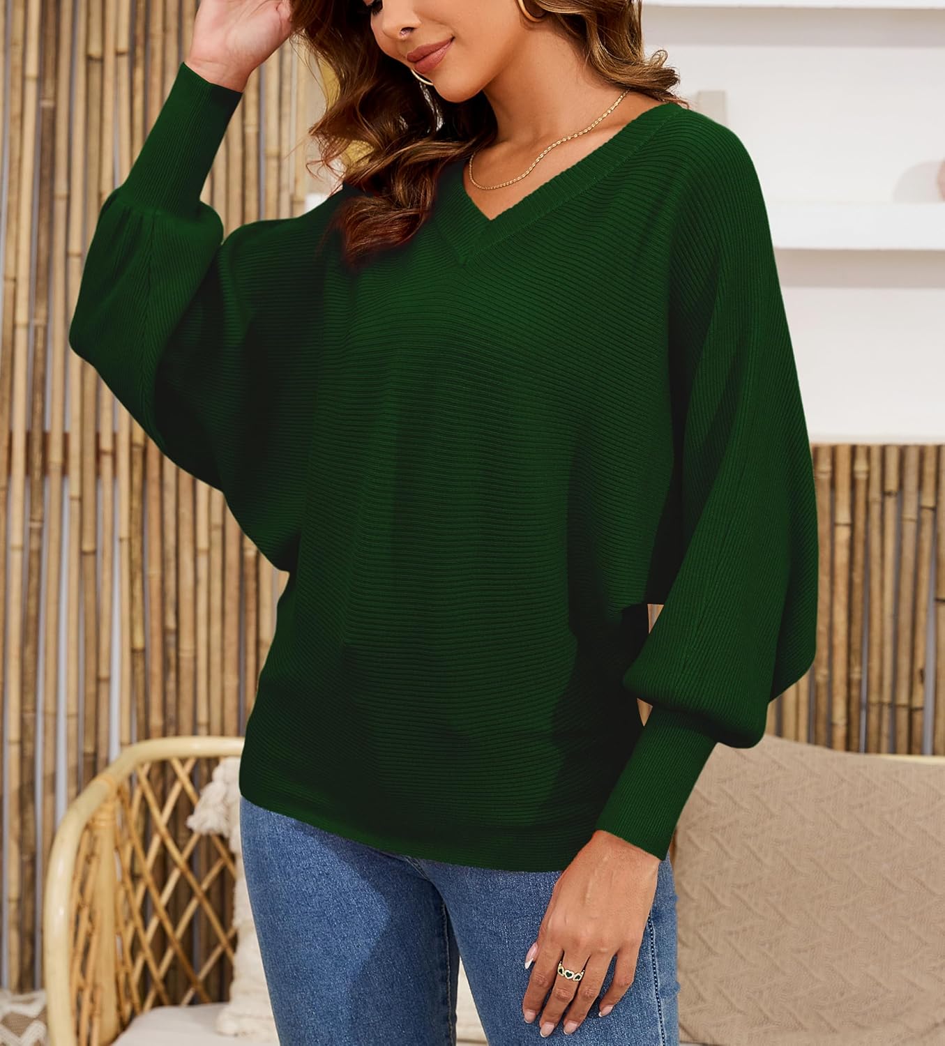 Women's Oversized V Neck Fuzzy Sweaters 2025 Casual Loose Long Sleeve Chunky Knit Pullover Jumper Tops - Image 3