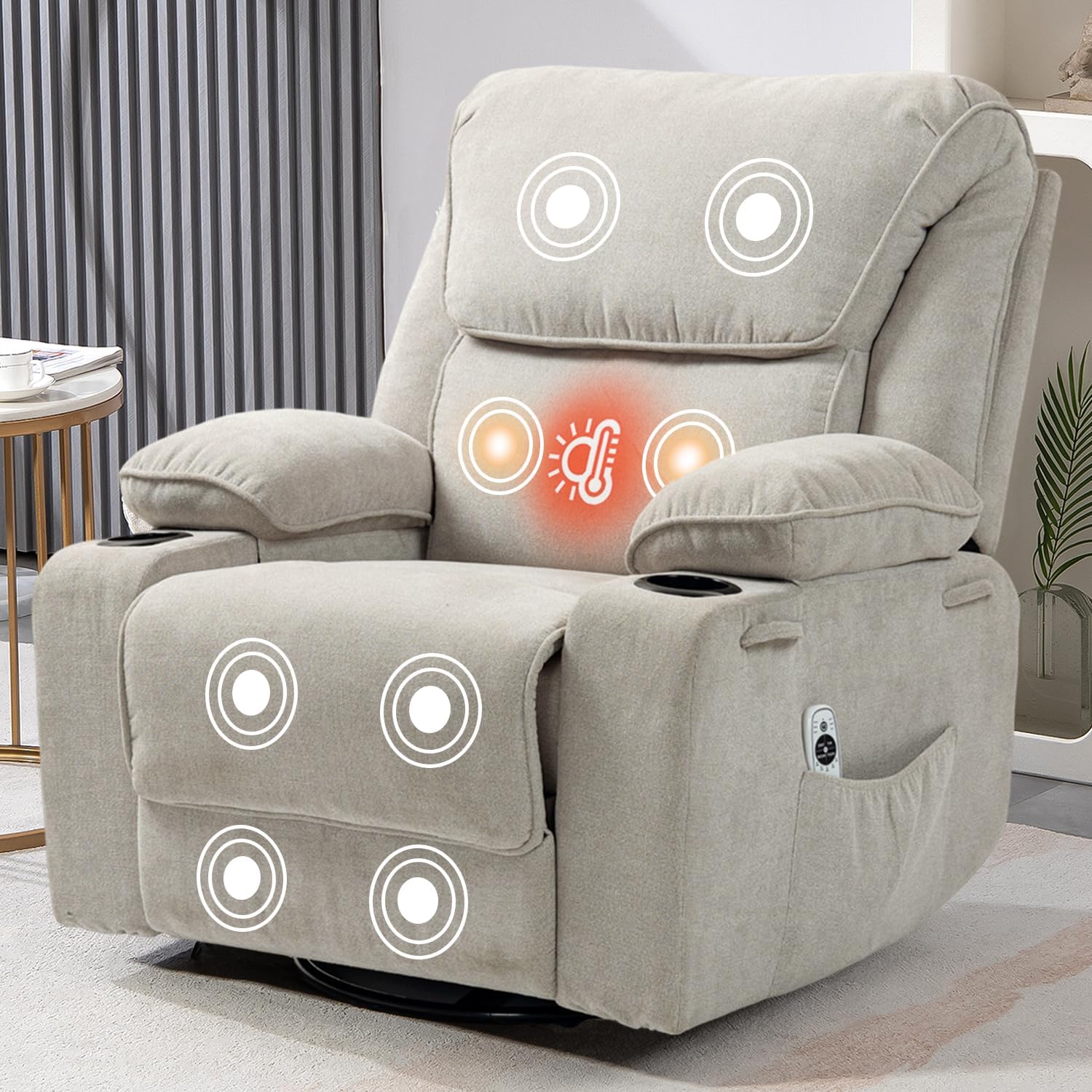 Rocker Recliner Chair with Massage and Heated, 360°Swivel Rocking Manual Recliner Chairs with Cup Holders Remote Control for Living Room (Gray Oatmeal)