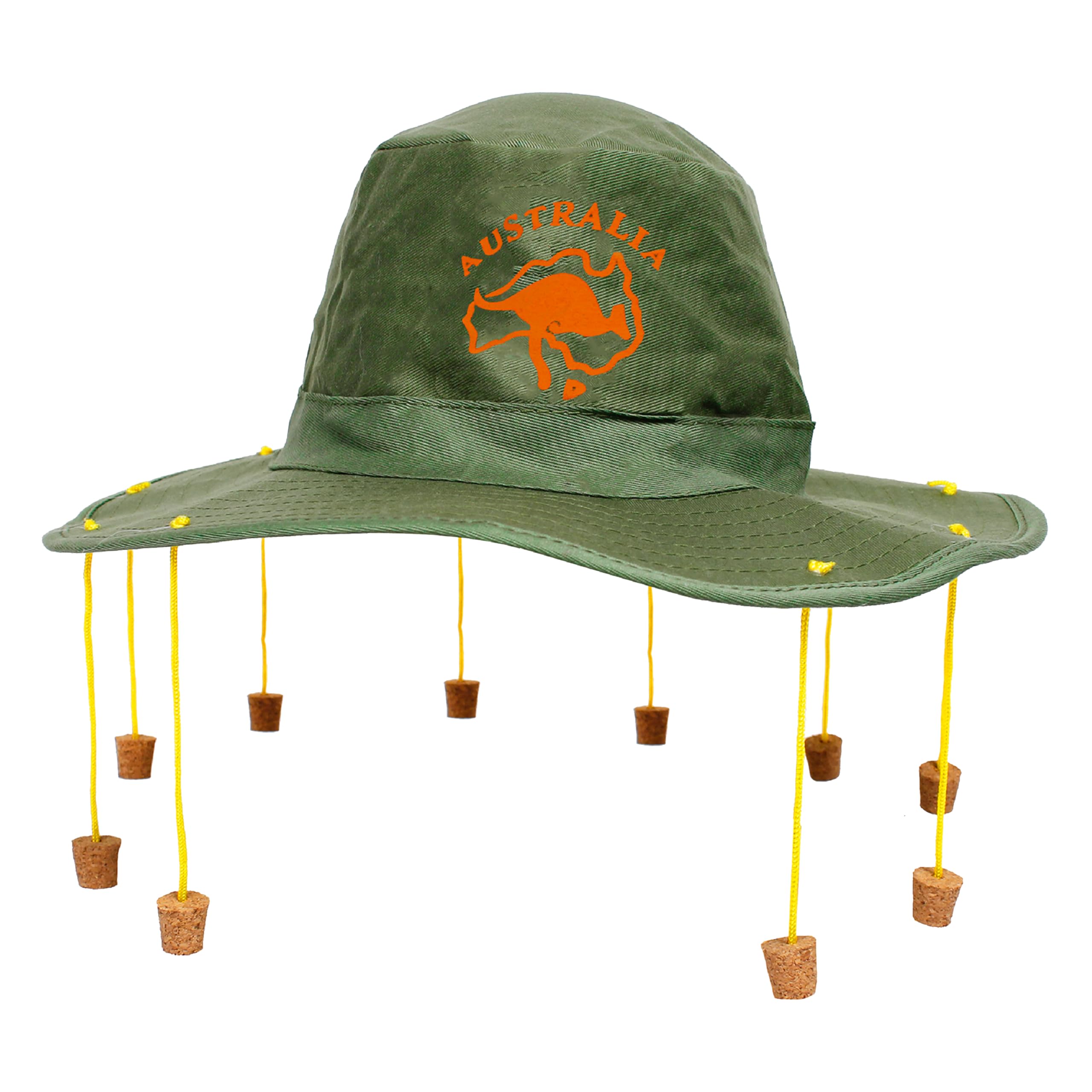 Australian Cork Hat - Pack of 1 - Green Hat with Orange Kangaroo Print and Attached Corks on Strings - Australia Day Fancy Dress Costume Accessory โ image 1