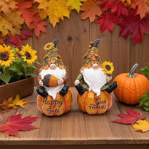 Miniatura 8 de TZSSP Figura de resina de gnomo de otoño, 2 unidades, decoración de calabazas de otoño para festivales de cosecha y fiestas