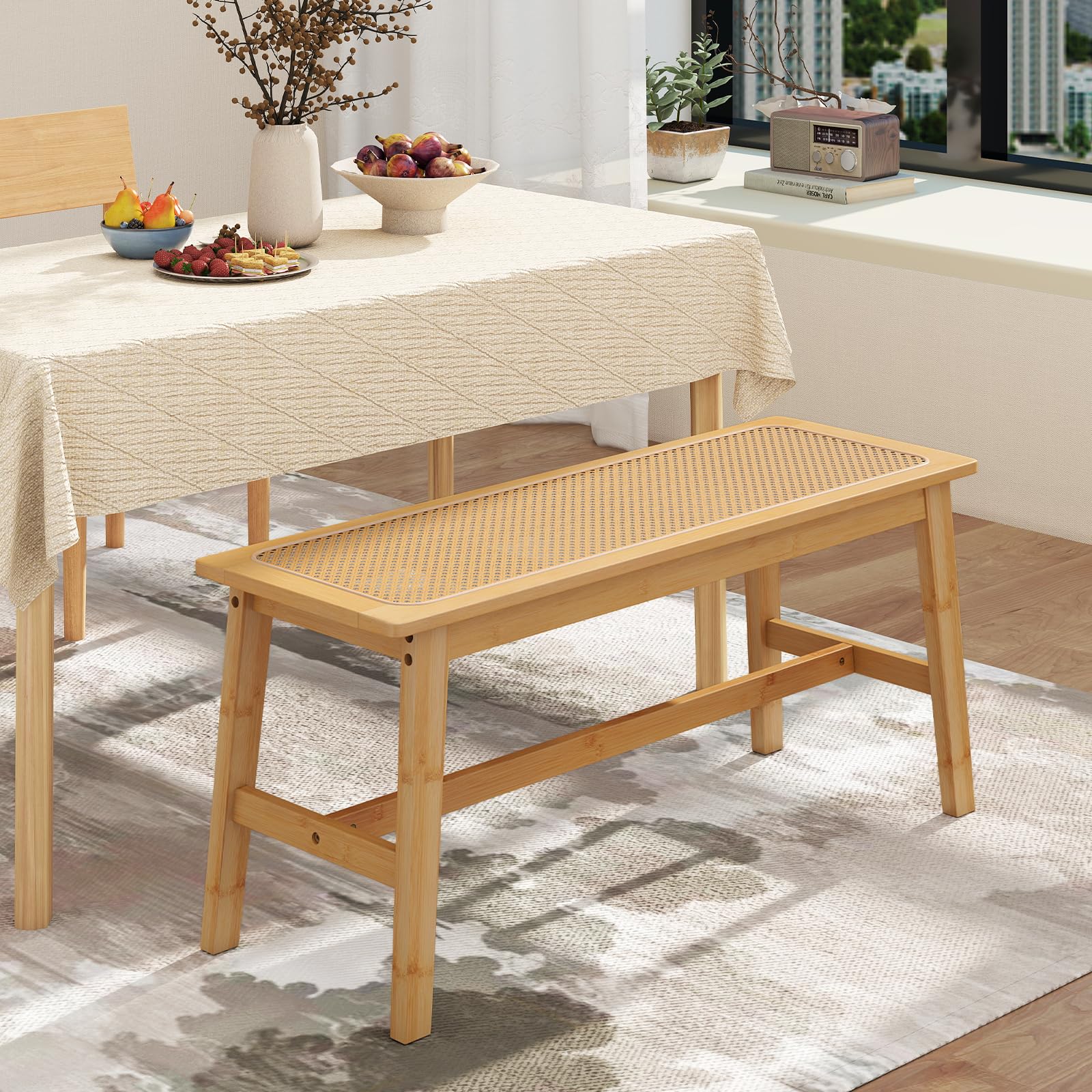 COSTWAY Banc de Salle à Manger en Bambou, Assise en Rotin PVC, Banquette pour 2 Personnes, Patins Antidérapants, Banc Interieur pour Cuisine Entrée Bout de Lit, Charge 300 kg, 100 x 35 x 45 cm
