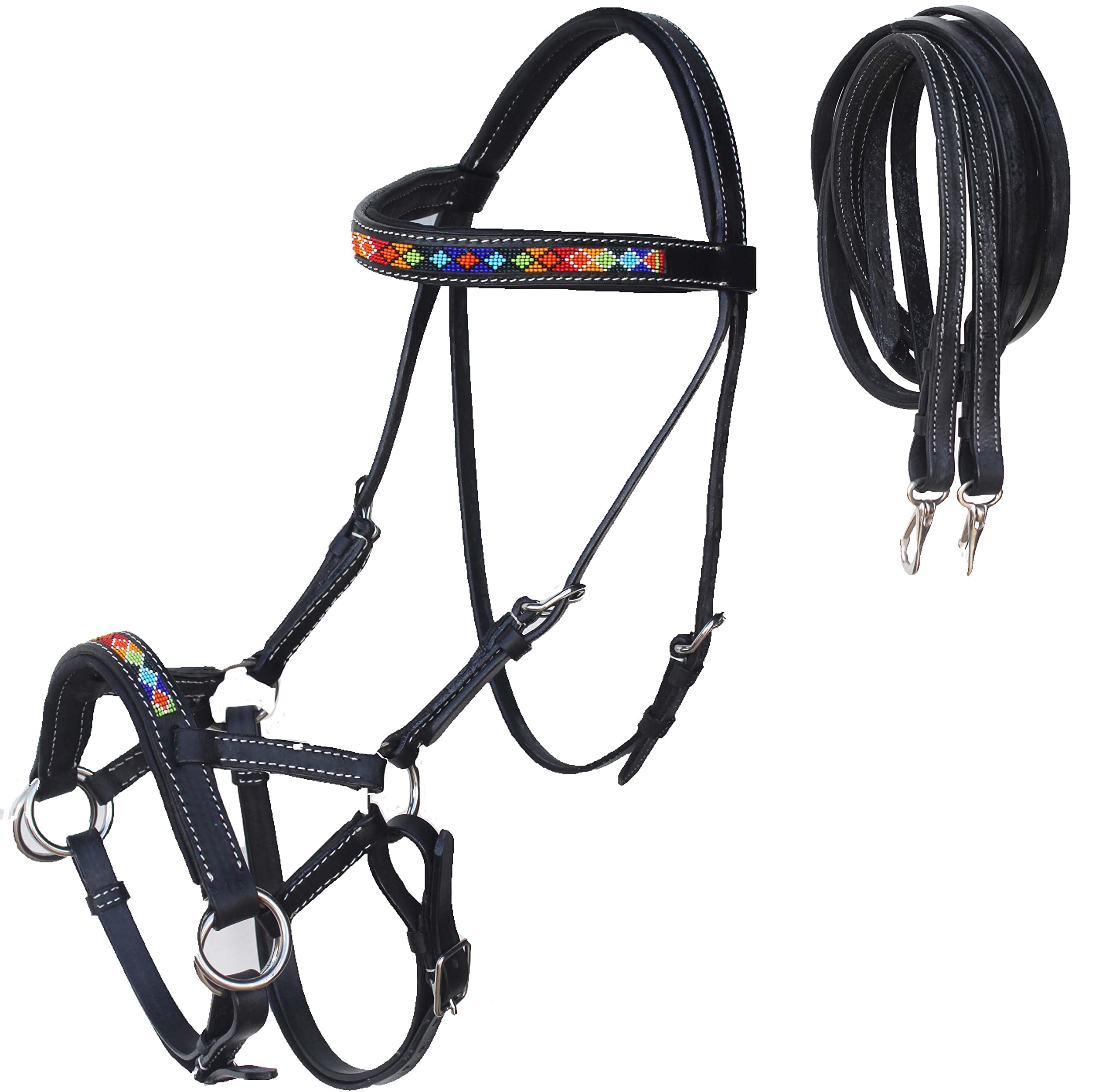 CHALLENGER Horse Western Horse Bitless Black Padded Leather Beaded Sidepull Bridle with Reins 77RT15BK