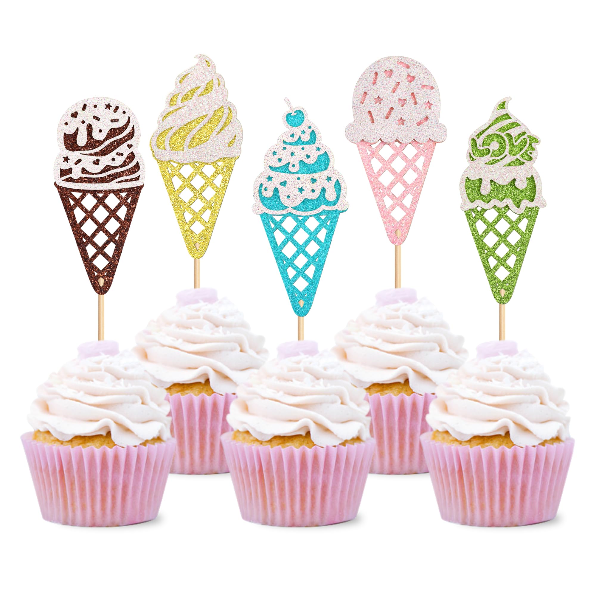 Ercadio 25 Pack Ice Cream Cupcake Toppers Glitter Cupcake Picks for Baby Shower Birthday Summer Hawaii Theme Party Cake Decorations Supplies Ice Cream