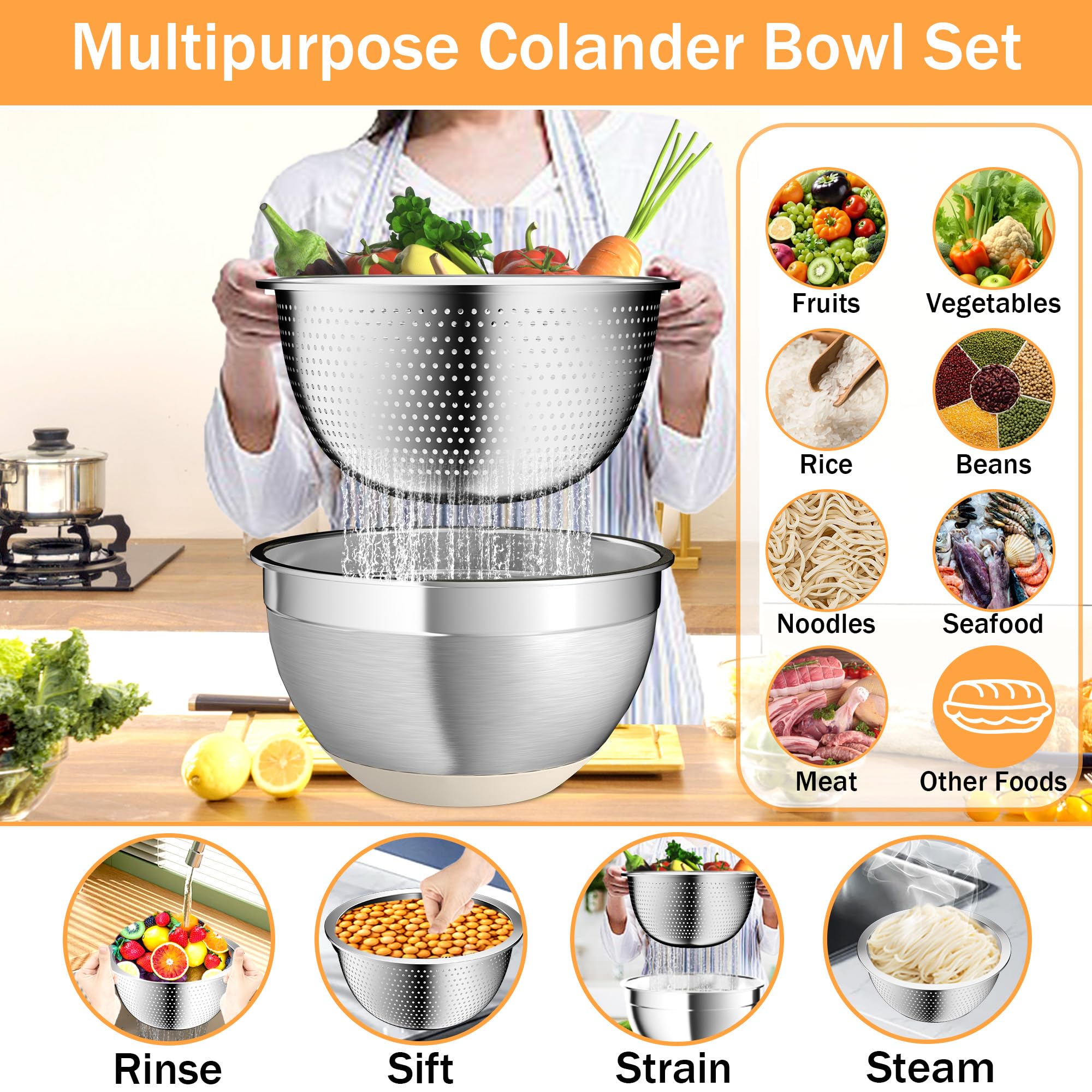 Nicdiet Juego de cuencos y colador de acero inoxidable, con tapas caqui, accesorio para rallador, parte inferior antideslizante, marcas de medición, caqui