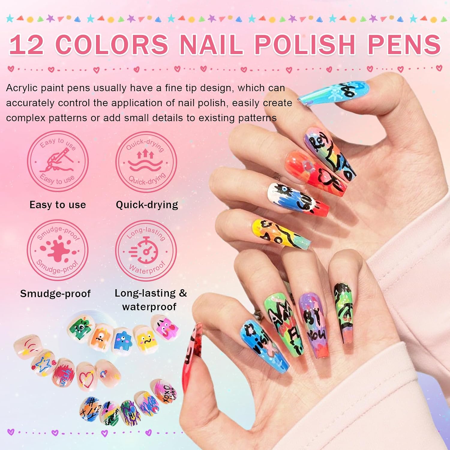 IONSGAKO 12 Colors Nail Art Polish Pens Set for Women Nail Design Tools | Quick Drying 3D Acrylic Paint Nail Art Markers for Painting & Dotting, Liner Pen Salon DIY Manicure Kit