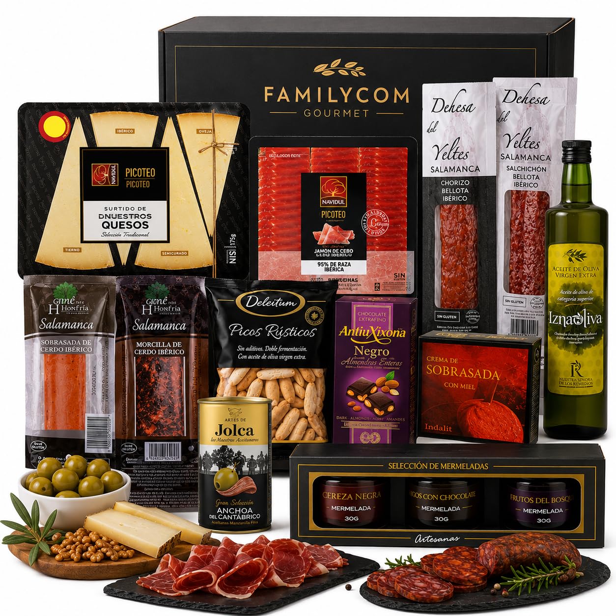 FAMILYCOM Cesta Gourmet para regalar - Lote gourmet con Ibéricos de regalo - Surtido de Bombones, chocolate, Embutidos, Aceite De Oliva Virgen - Regalos originales para Profesores