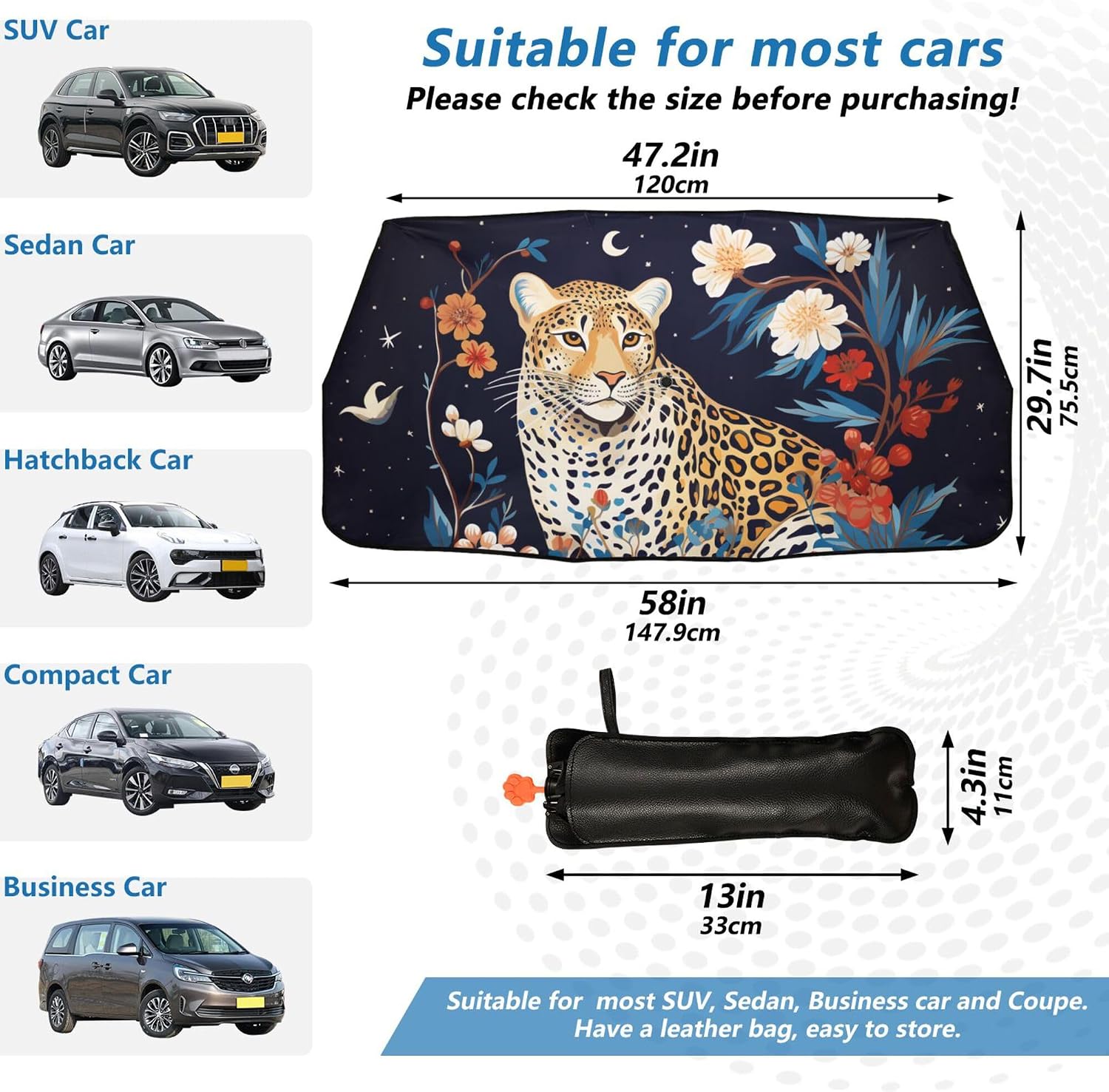Car Umbrella Sun Shade Cover, Cheetah and Flowers Umbrella Sun Shade for Car Truck Window Front Windshield, Blocks UV Rays Sun Visor Protector Sun Heat Reflector to Keep Your Vehicle Cool