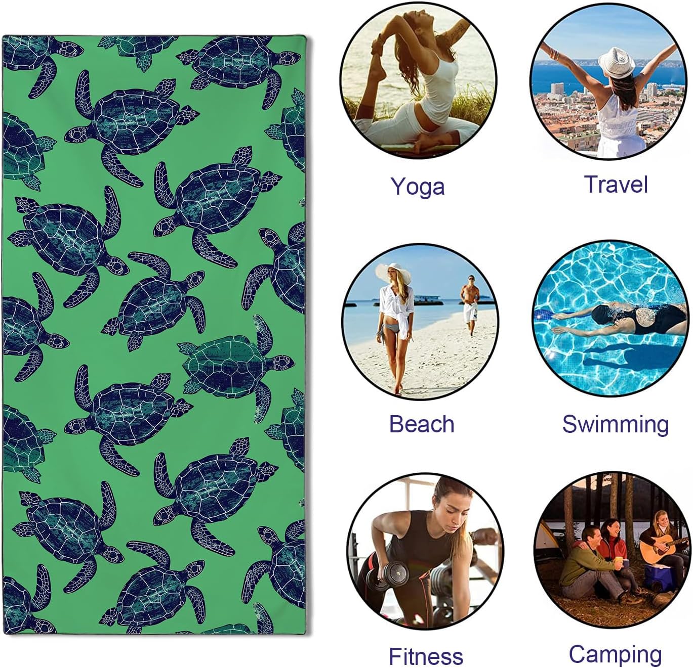 Green Turtles Beach Towel Oversized 36"x72" Quick Dry Microfiber Towels Pool Accessories Cruise Essentials Vacation Gifts Summer Must Haves for Swimming Camping Travel
