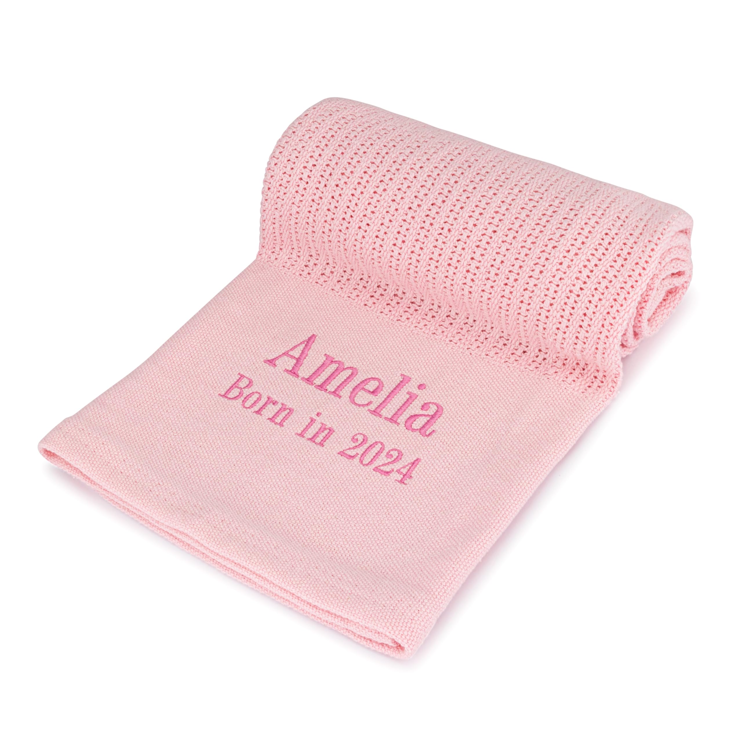 Lobeko Personalised Cellular Baby Blanket with Embroidered Name 100% Cotton Pink White Blue Grey Newborn Baby Gift Breathable (Pink)