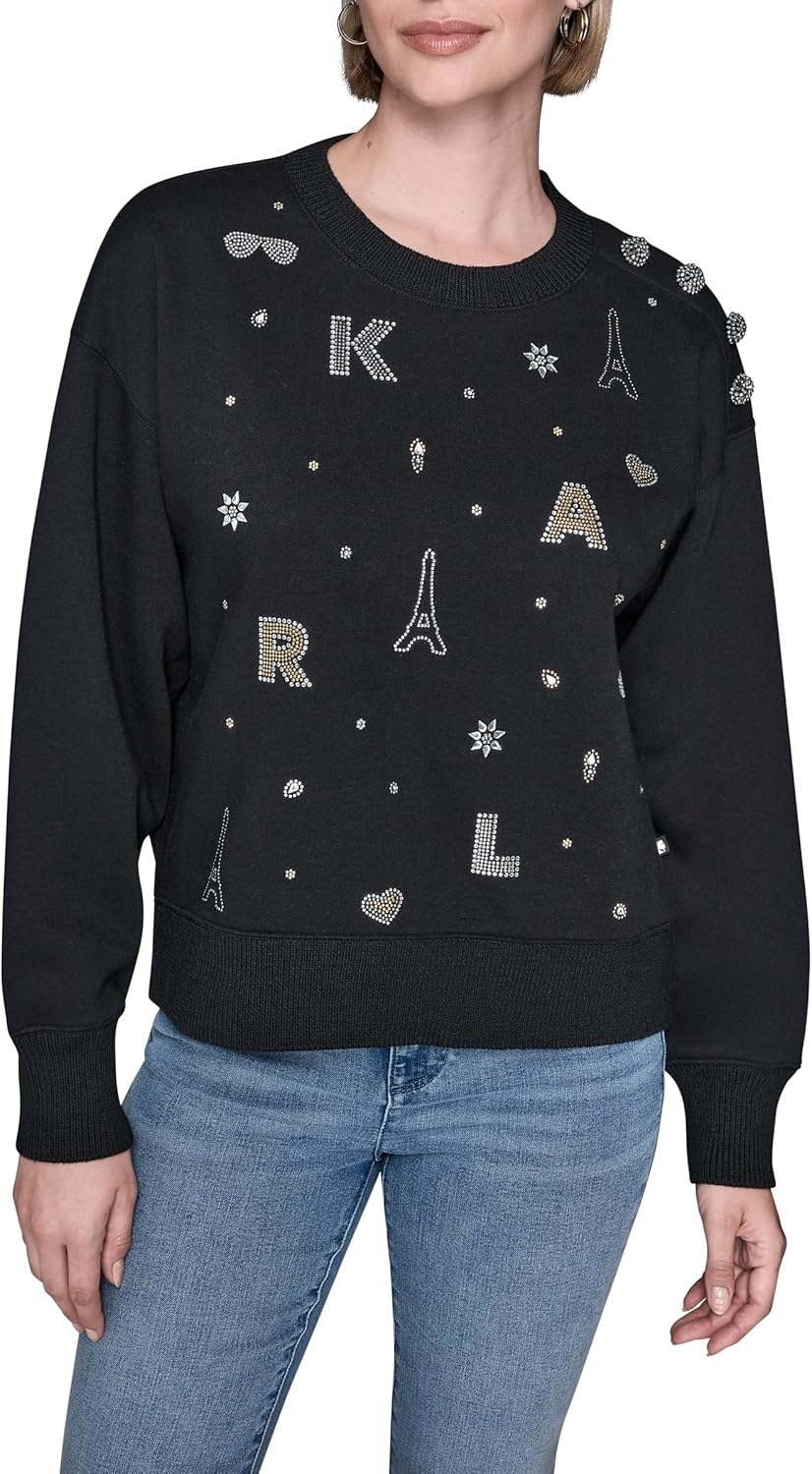 KARL LAGERFELD Women's Bling Sparkle Comfortable Fleece Sweatshirt