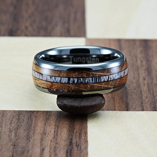 Miniatura 4 de 100S JEWELRY Anillos de tungsteno gris gunmetal para hombre con incrustaciones de madera de barril de whisky y asta de alce, anillo de compromiso
