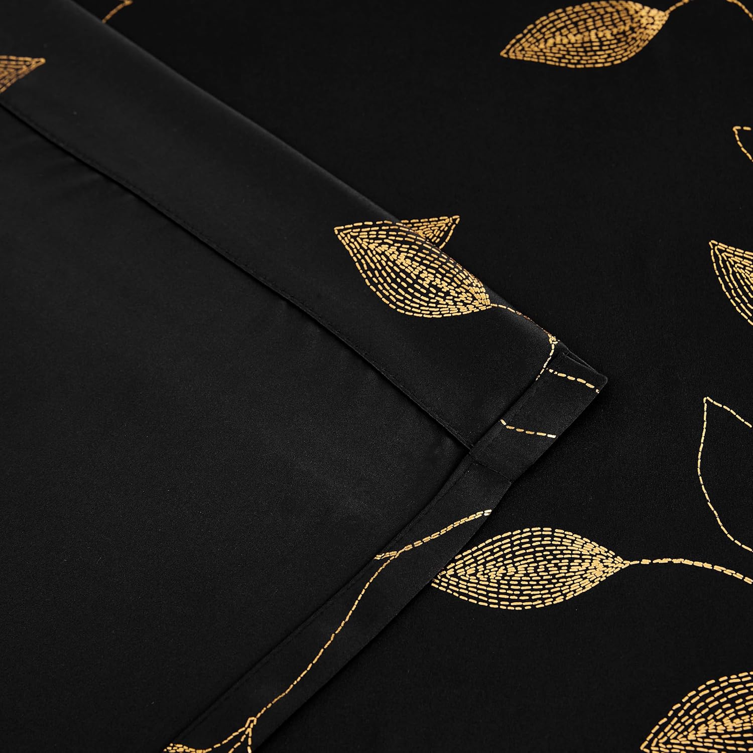 Bujasso Gold Black Full Blackout Curtains Print Golden Leaf Patterned Room Darkening Drapes 90 inch for Living Room Bedroom Thermal Insulated Metallic Window Treatment Grommet Top W52 xL90 2 Panels