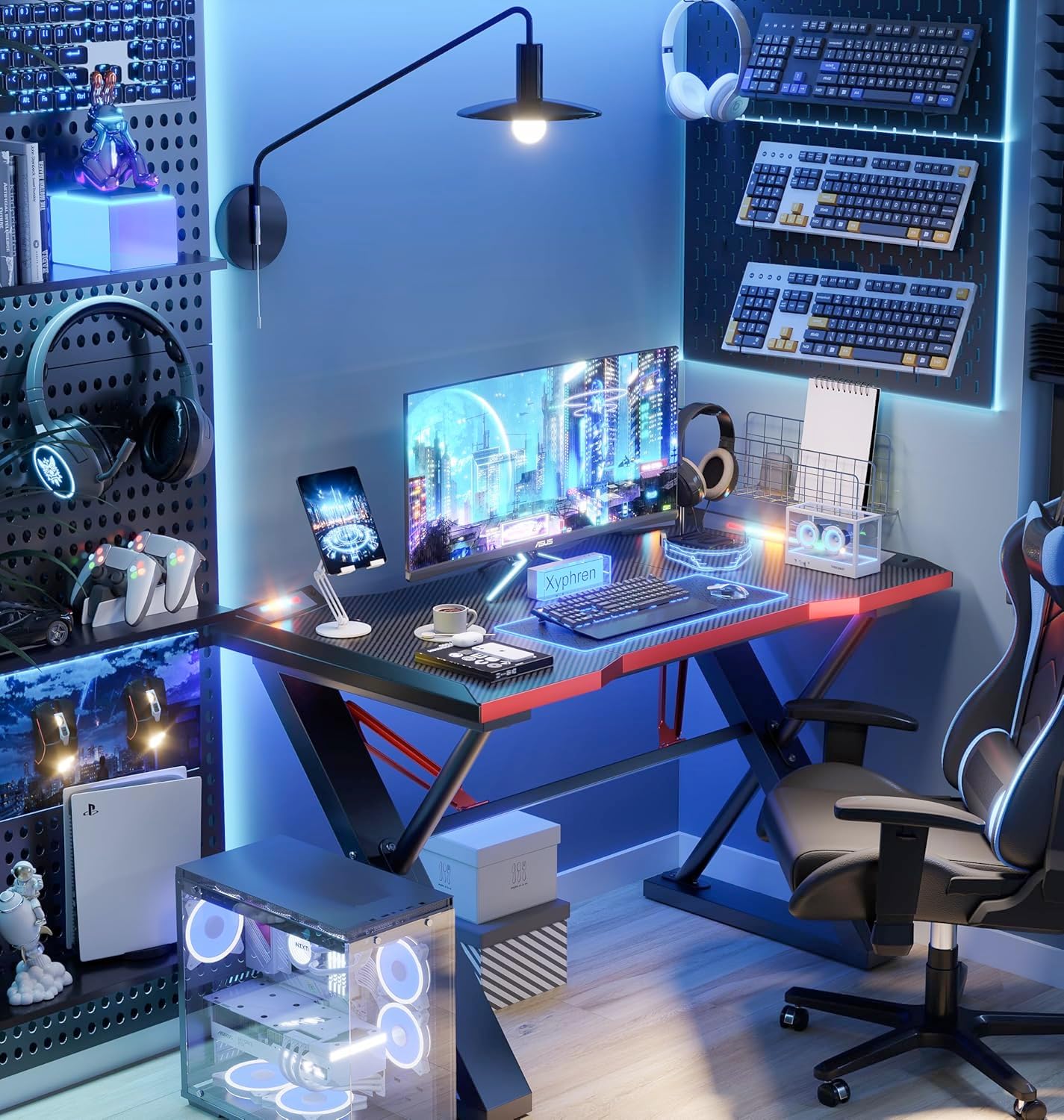Mesa Gamer 100 * 55 cm z LED, Mesa Gamer ze Wzmocnioną Konstrukcją Z, Powłoką z Karbonu, Stół dla Graczy PC Łatwy w Montażu, Czarny Karbon