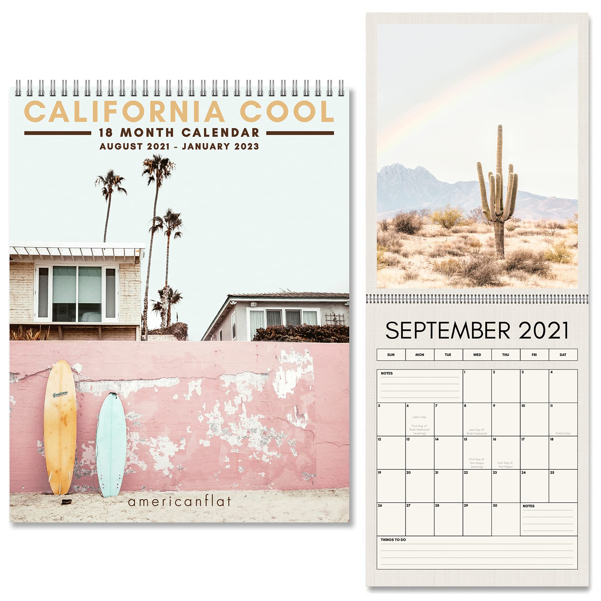 Americanflat 18 Month Wall Calendar - Cool California Design - Large Format with 10x26 Inches When Open