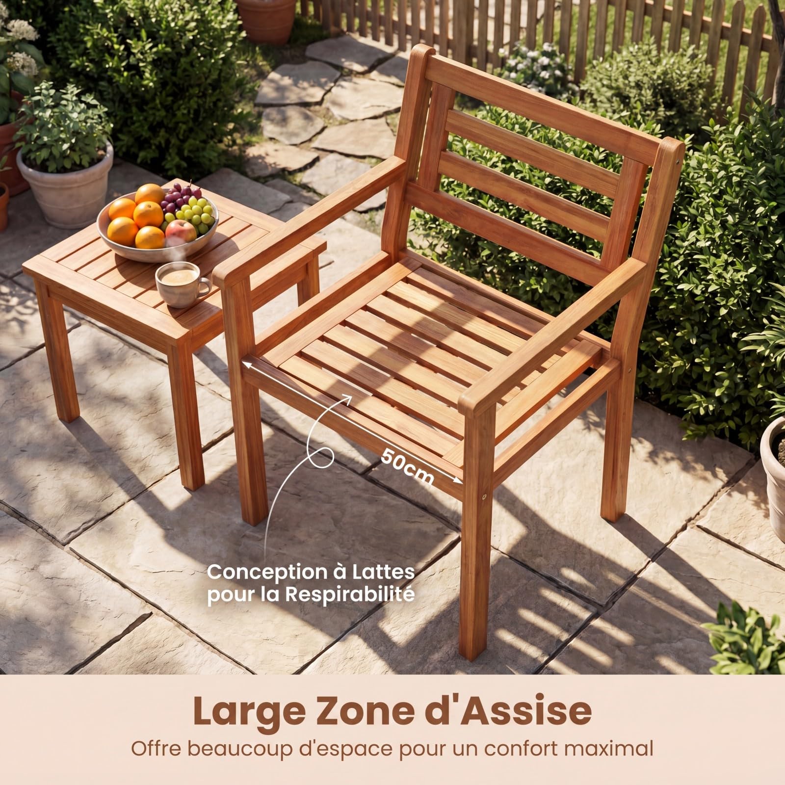 COSTWAY Lot de 2 Chaises de Jardin en Bois Acacia, Capacité 180 kg, Chaises Salle a Manger avec Accoudoirs, Dossier Incliné et Lattes, Fauteuil Exterieur pour Terrasse Patio Balcon, 56 x 56 x 80 cm