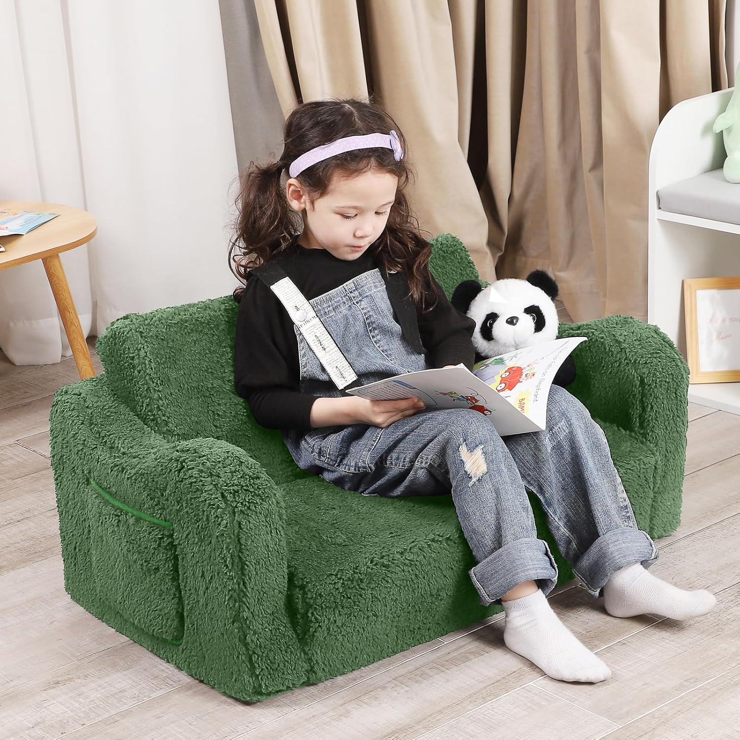momcaywex kids sofa, 2-in-1 flip-out foam couch, soft play lounge chair for toddlers and children, extra wide, green green large