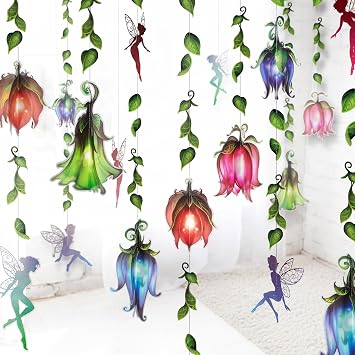 Cheerland 16 Pcs Enchanted Forest Decorations Fairy Garland 3D Wildflower Garland Fairy Party Decorations Flower Banner for Enchanted Garden Party Woodland Fantasy Theme Birthday Hanging Fairies