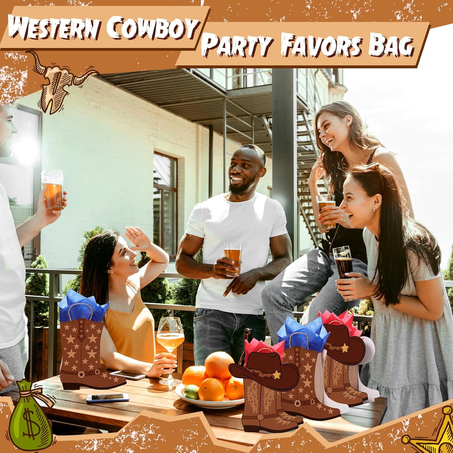 Mooliwe 24 Pcs Cowboy Cowgirl Boots Bags with Tissue Paper Western Theme Party Favors Wild West Girls Kraft Bags Bachelorettes Theme Last Rodeo Party Supplies Cowgirl Favors (Brown)