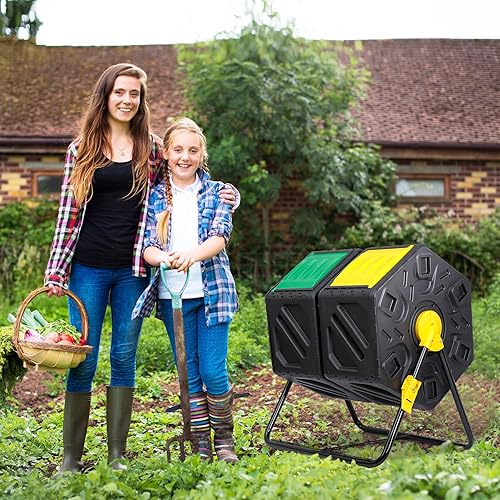 Miniatura 2 de JupiterForce Contenedores de compostaje de doble cámara, vaso giratorio de compost con 2 puertas correderas para jardines al aire libre, para todas