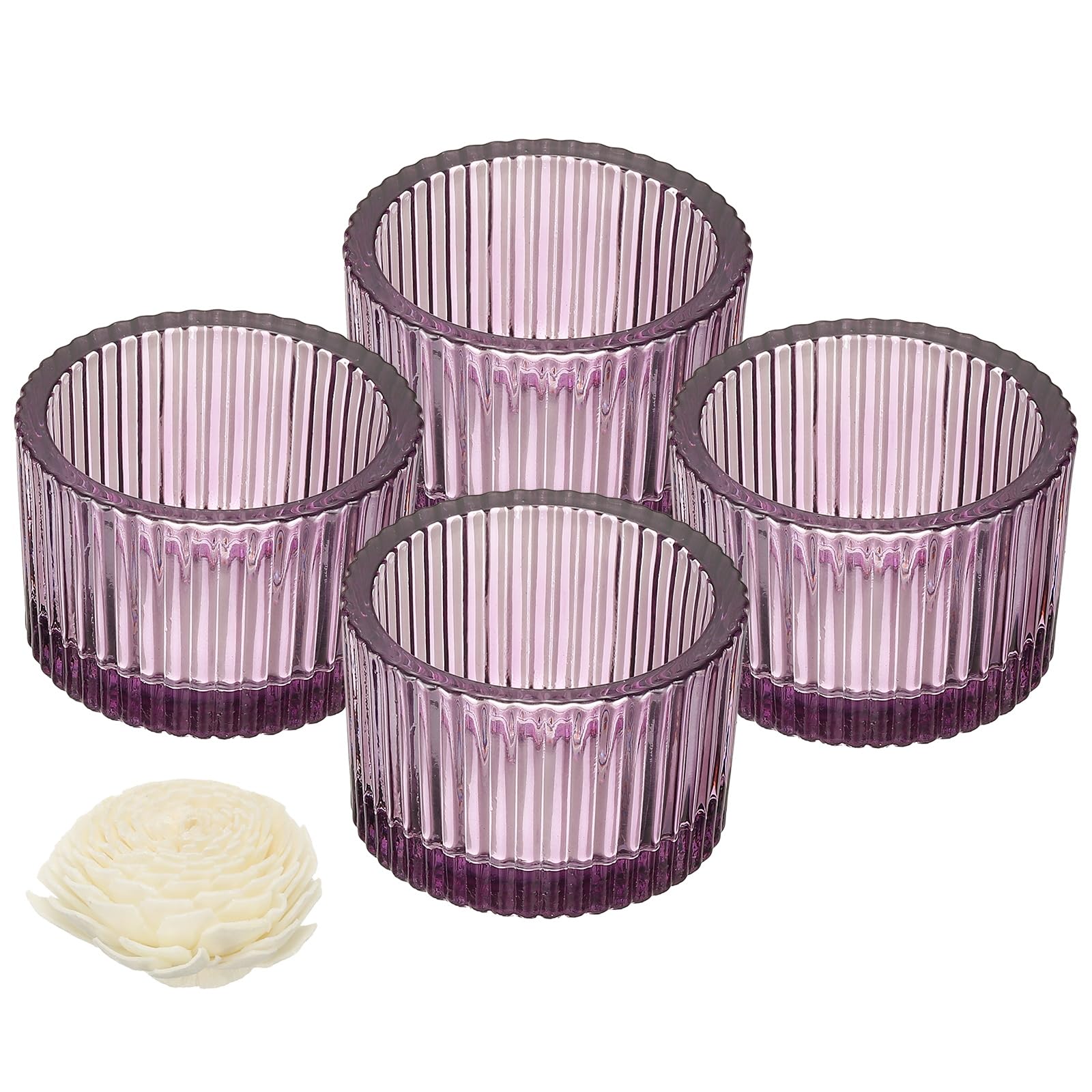 sourcing map 4 Pcs Glass Tea Light Candle Holder, Round Ribbed Glass Votive Candle Holder for Table Centerpiece, Home Decor and Party Supplies(Purple)