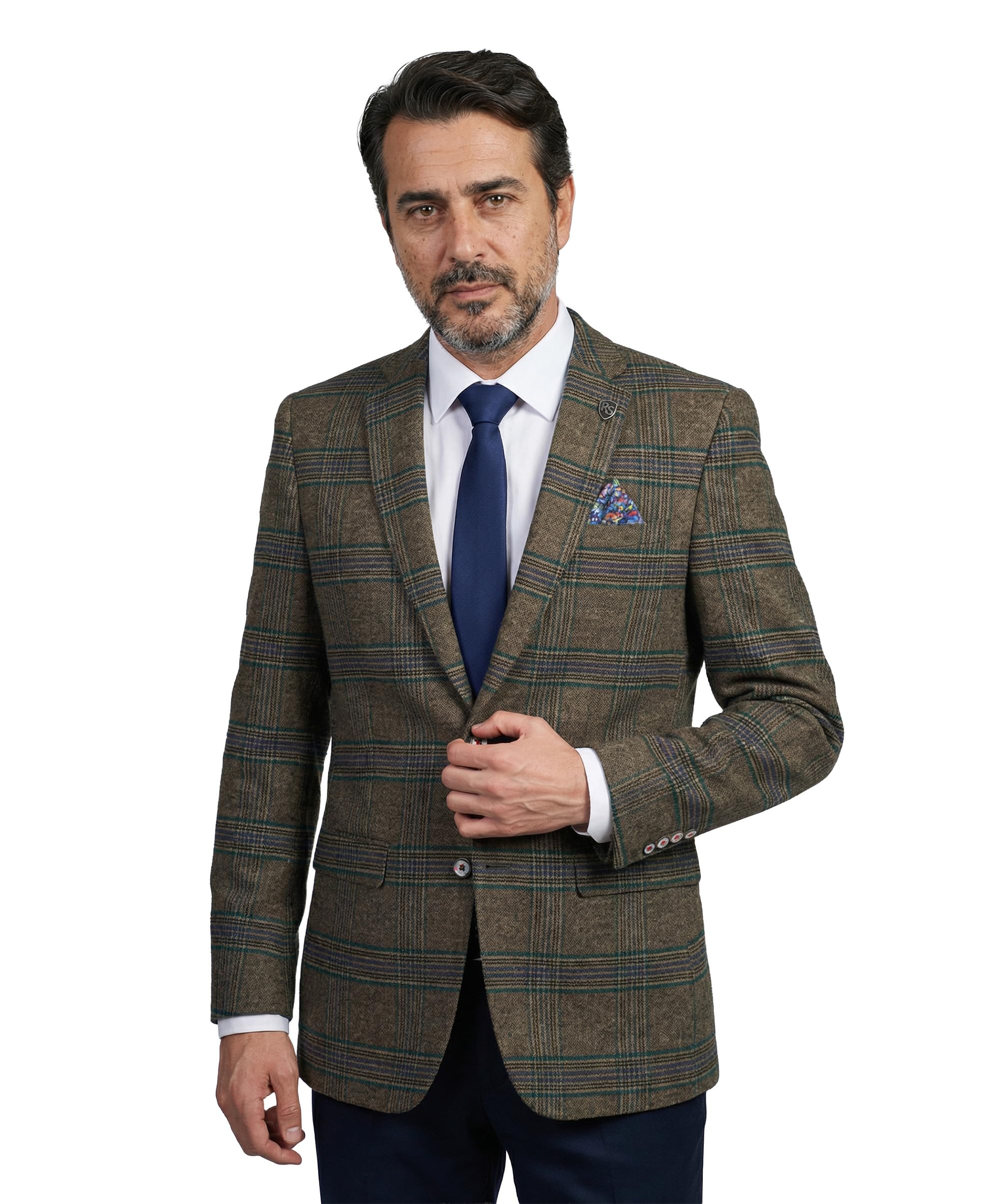 SIRRI Blazer de Mezcla de Lana a Cuadros Ventana para Hombre, Corte Entallado, Chaqueta Formal Elegante Verde
